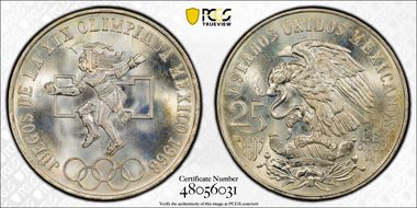 1968-Mo 25 Peso Olympic KM-479.1 Rings Align, Straight Tongue MS68