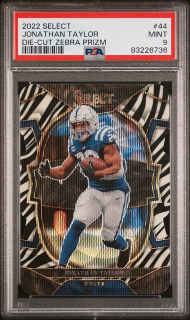 2022 Panini Select Jonathan Taylor #44 (Die-Cut Zebra Prizm) Mint 9 front