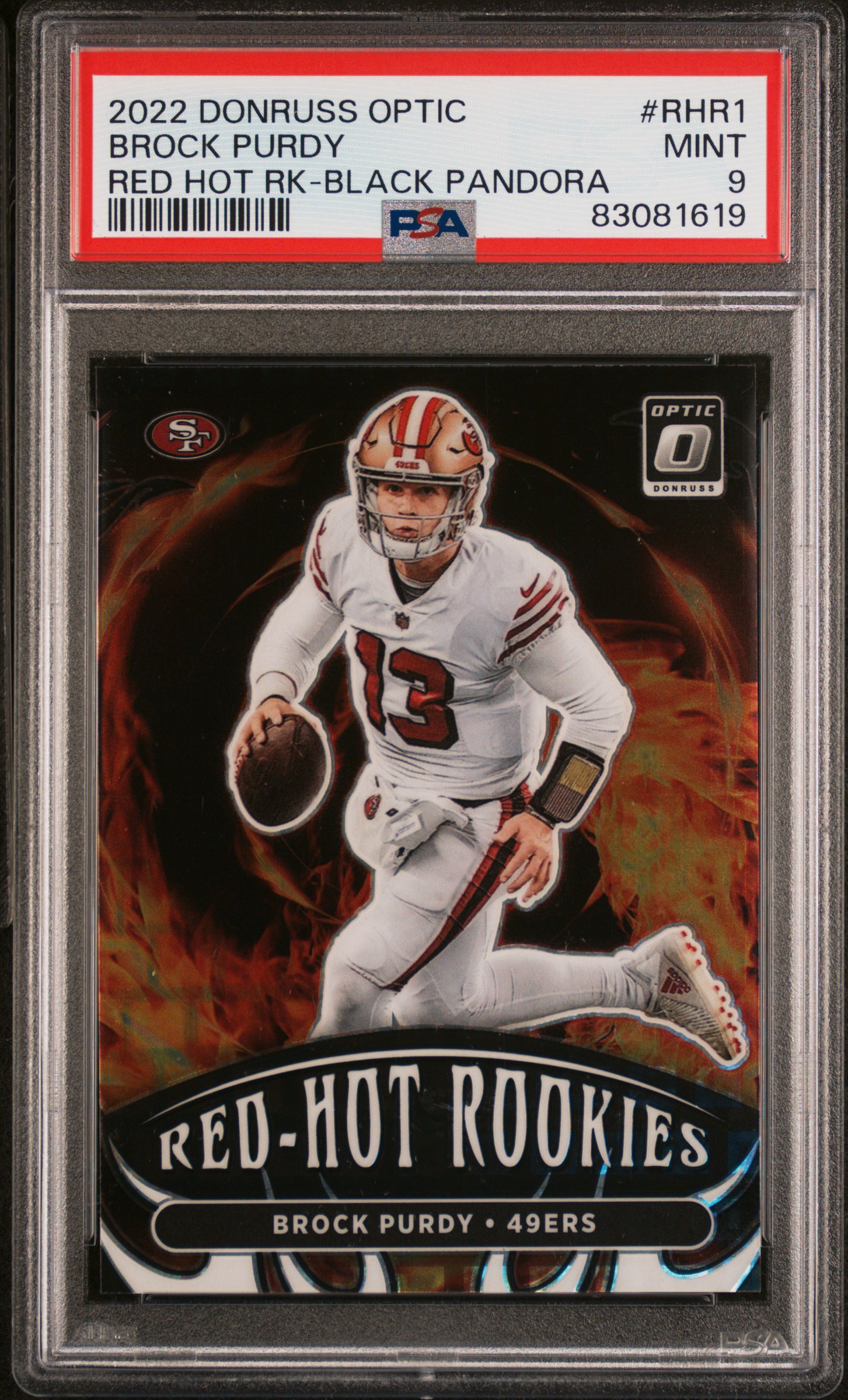 2022 Panini Donruss Optic Red Hot Rookies Black Pandora #RHR-1 Brock Purdy (#21/25) - PSA MINT 9