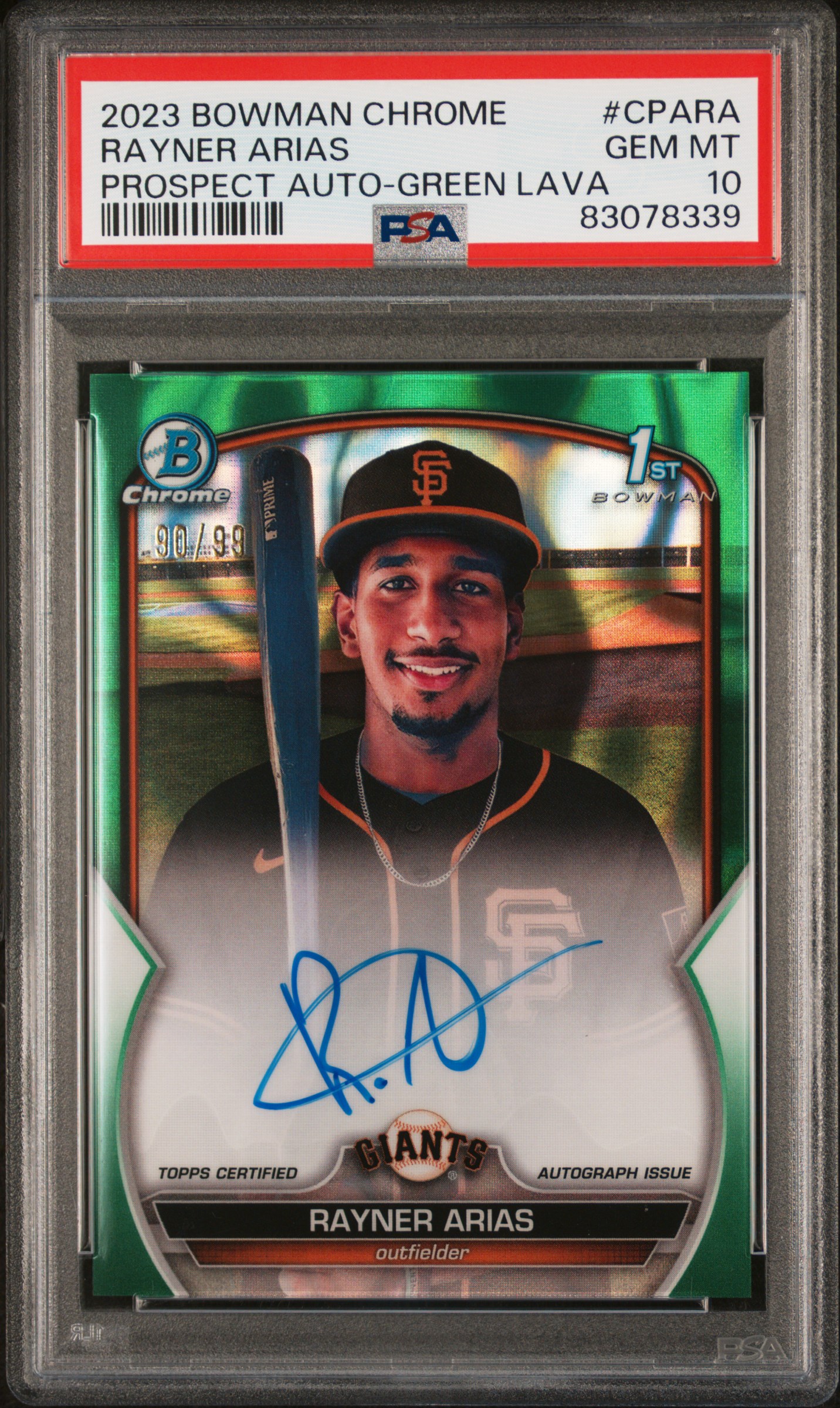 2023 Bowman Chrome Prospect Autographs Green Lava #CPA-RA Rayner Arias Signed Rookie Card (#90/99) – PSA GEM MT 10