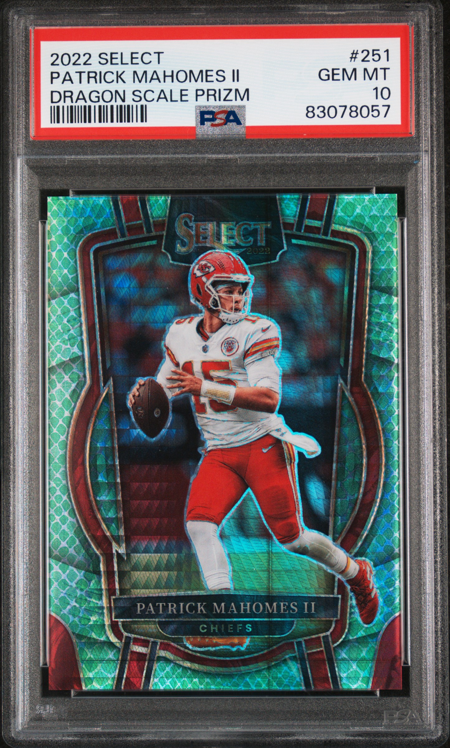 2022 Panini Select Dragon Scale Prizm #251 Patrick Mahomes II (#52/89) – PSA GEM MT 10