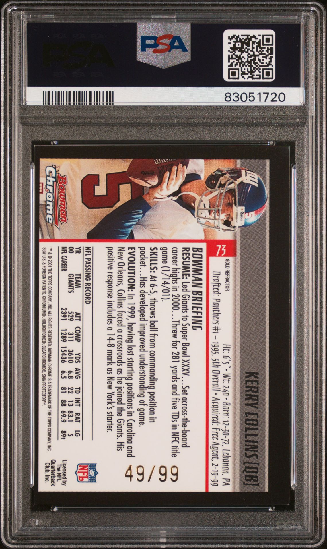 2001 Bowman Chrome Kerry Collins #73 (Gold Refractor) Nm 7 back