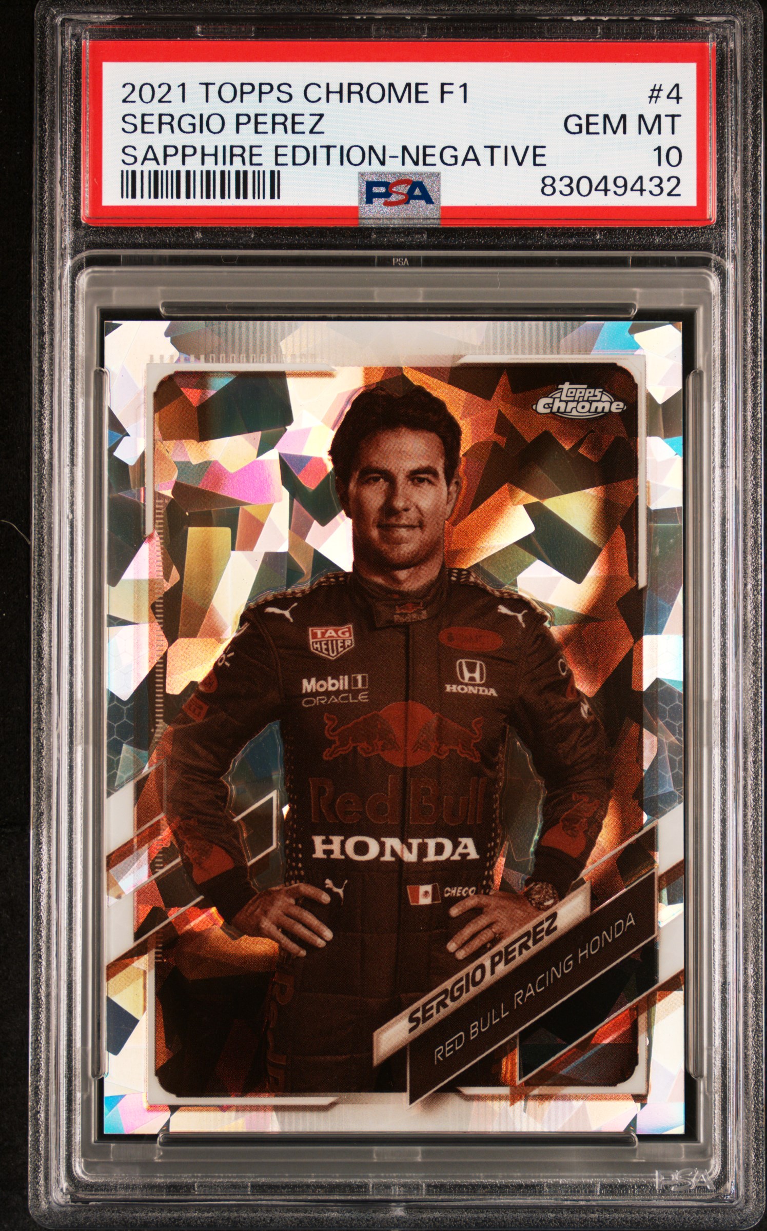 2021-22 Topps Chrome Formula 1 Sapphire Edition Negative #4 Sergio Perez (#025/100)– PSA GEM MT 10