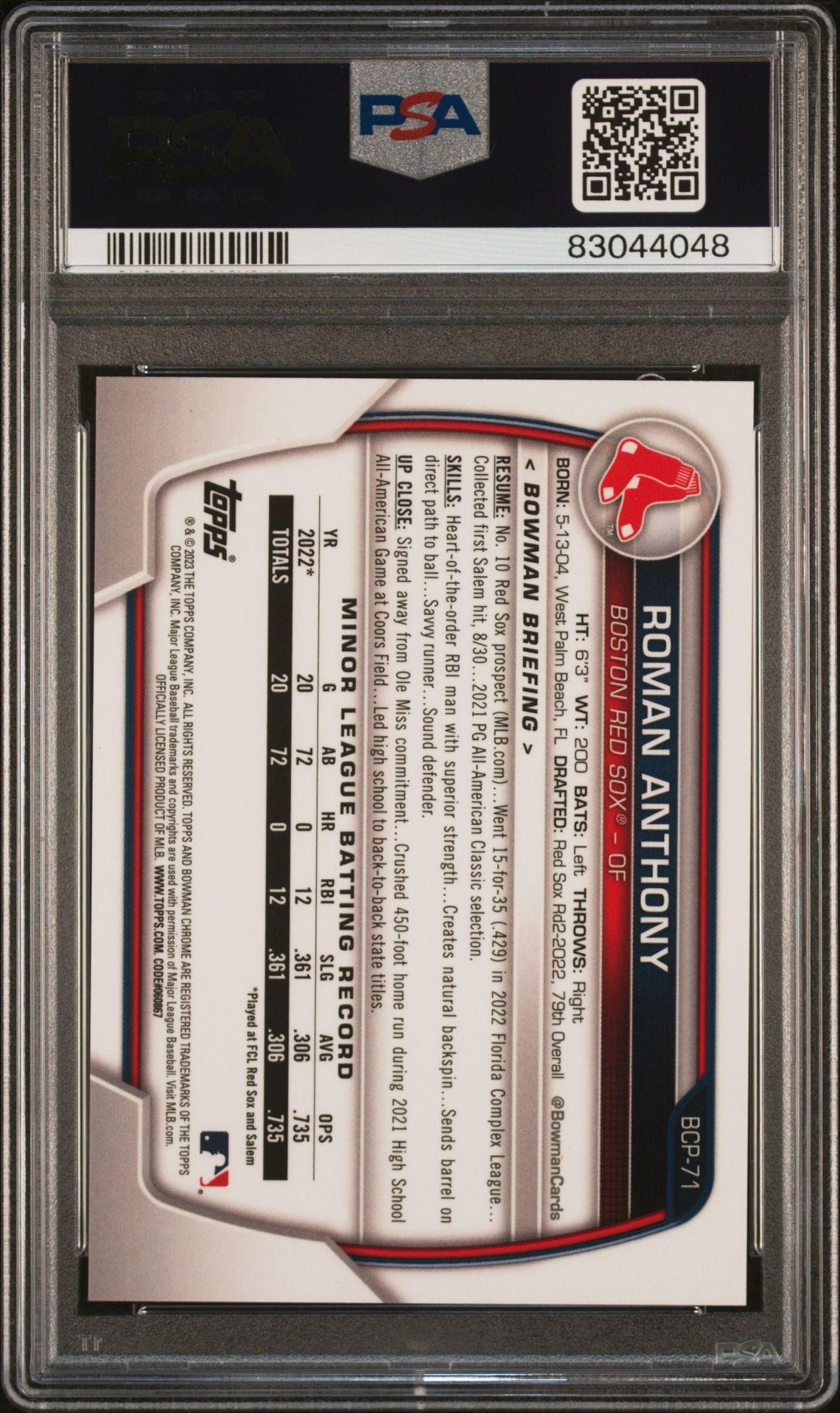 2023 Bowman Mega Box Chrome Roman Anthony #71 (Chrome-Orange Refractor) Gem Mt 10 back view - PSA certificate #83044048