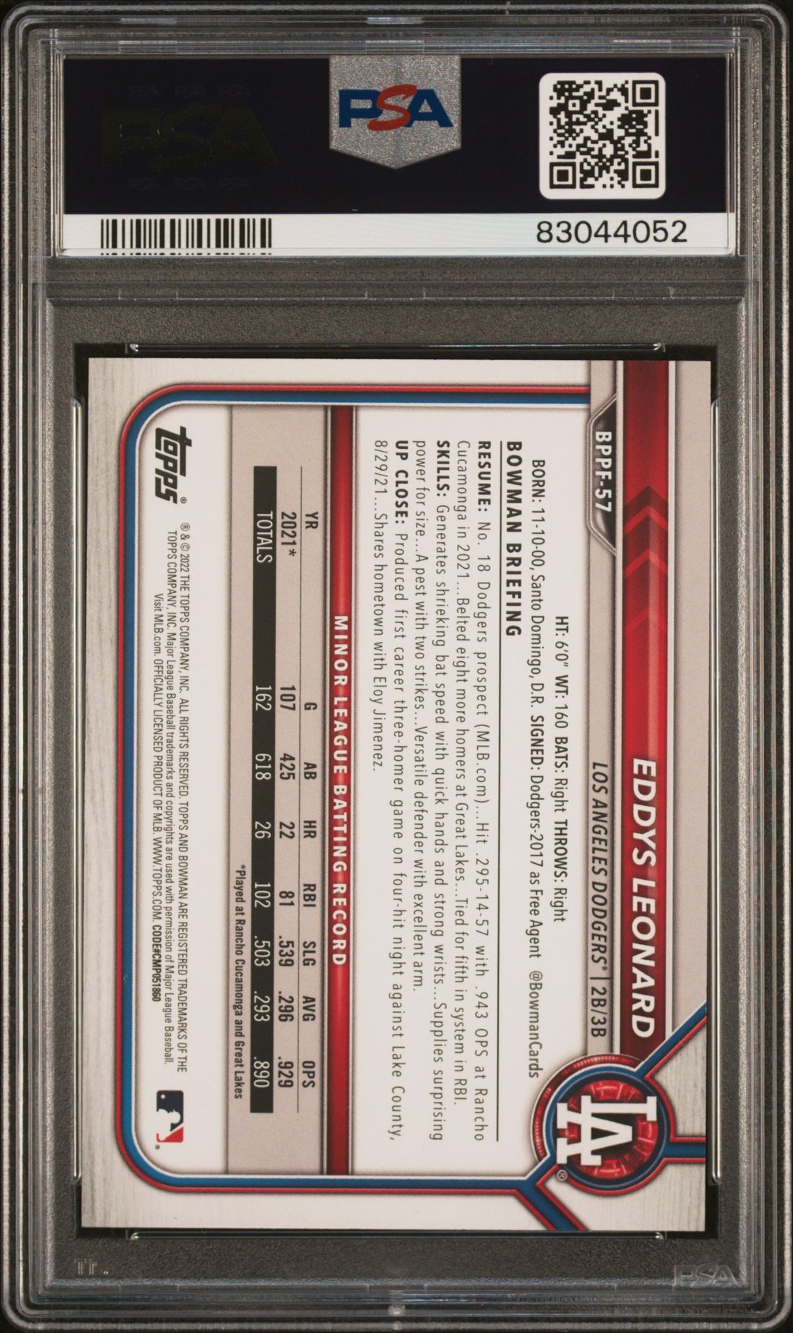 2022 Bowman 1St Edition Eddys Leonard #Bppf57 (Red Foil) Gem Mt 10 back view - PSA certificate #83044052