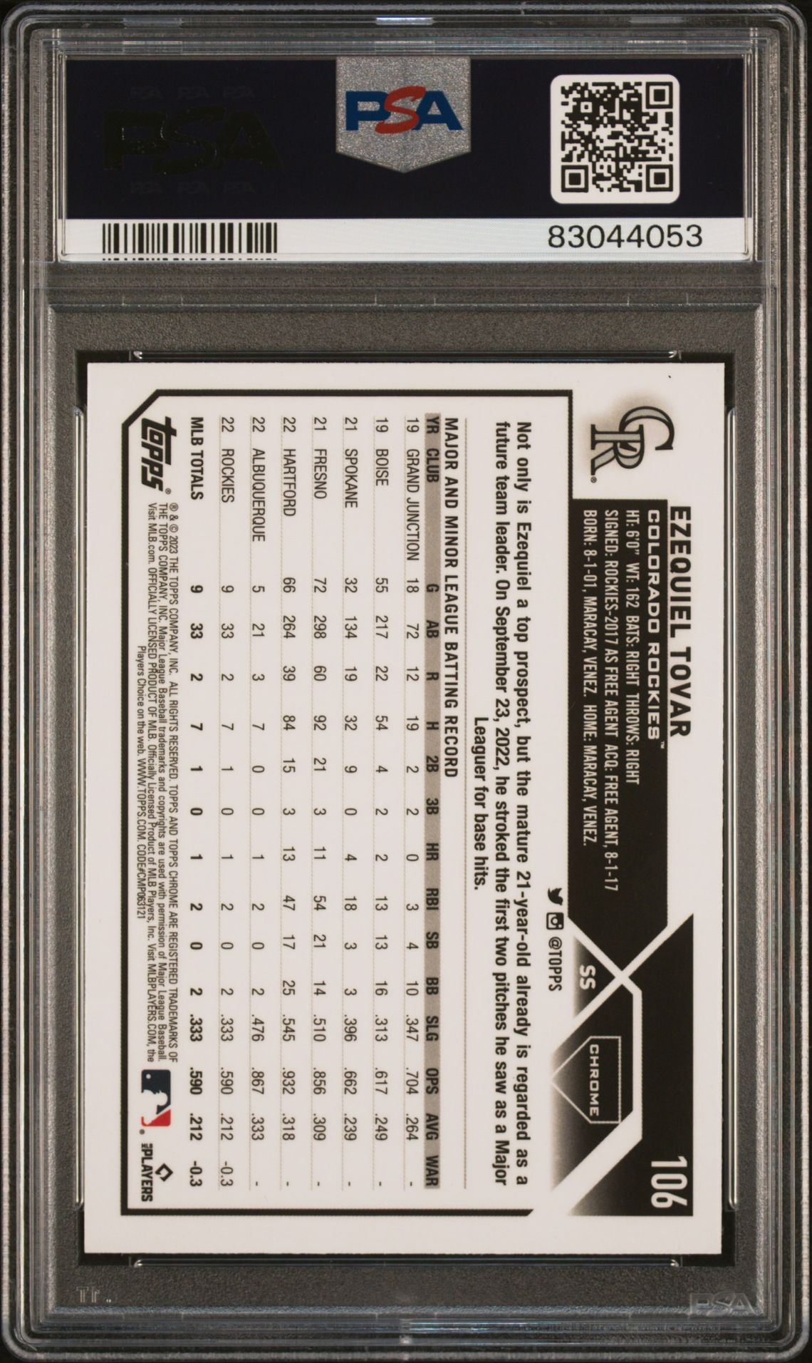 2023 Topps Chrome Ezequiel Tovar #106 (Prism Refractor) Gem Mt 10 back view - PSA certificate #83044053
