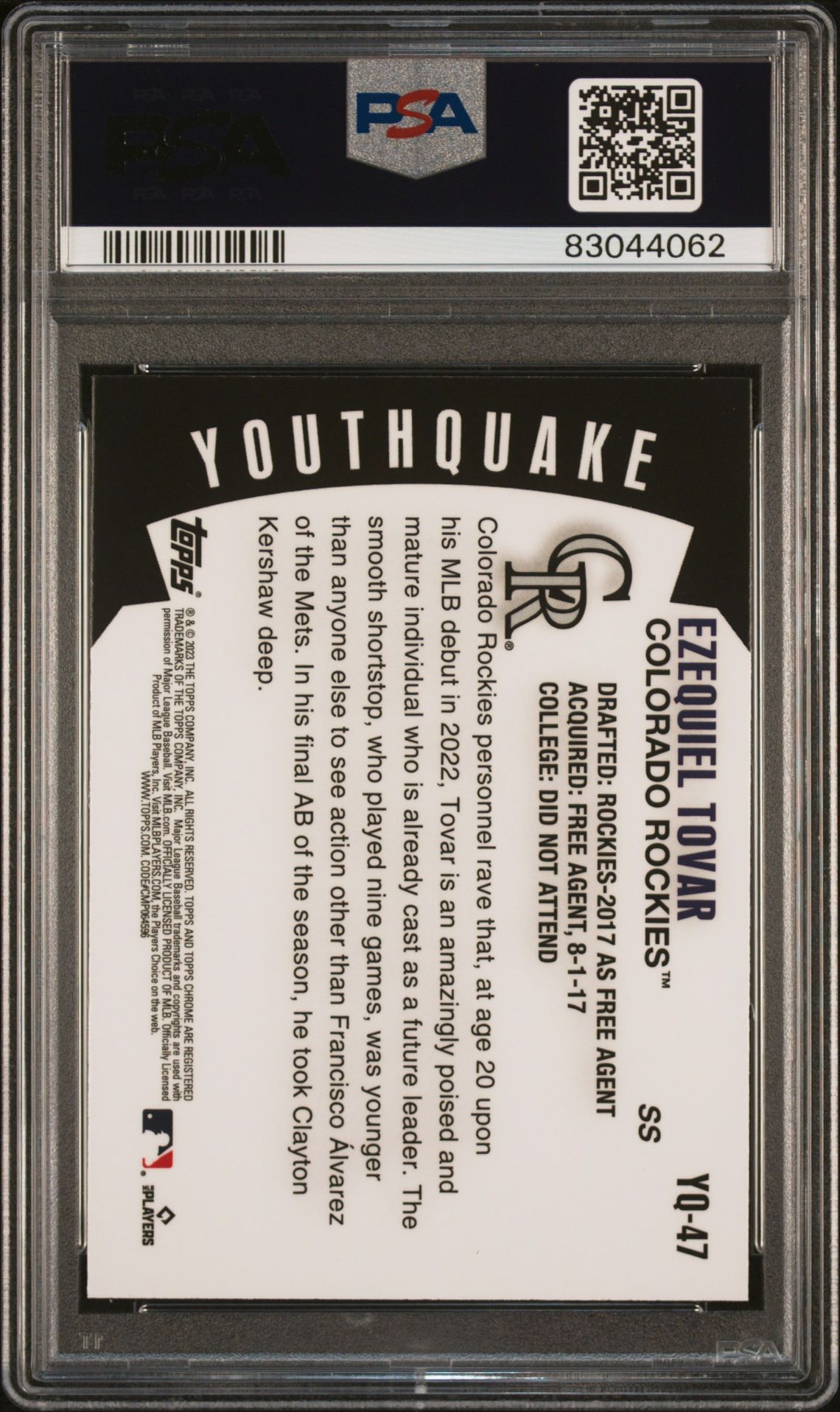 2023 Topps Chrome Youthquake Ezequiel Tovar #Yq47 Gem Mt 10 back