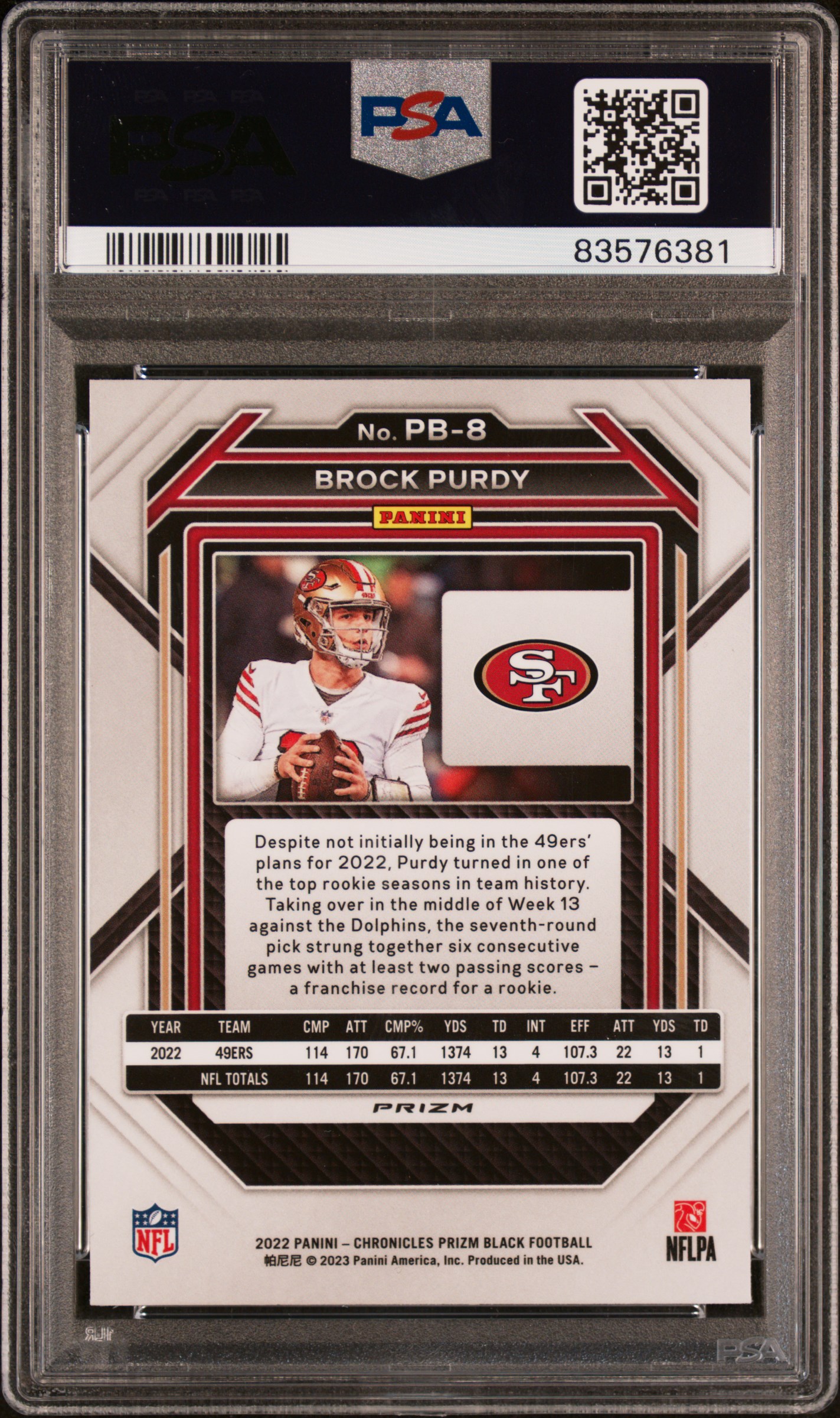 2022 Panini Chronicles Prizm Black Brock Purdy #Pb8 (Prizm Black-Silver) Gem Mt 10 back