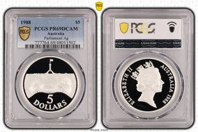 1988 $5 Parliament Ag PR69DCAM