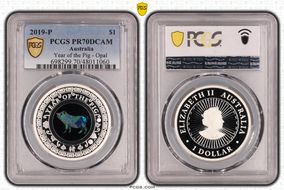 2019-P $1 Year of the Pig Opal Ag PR70DCAM