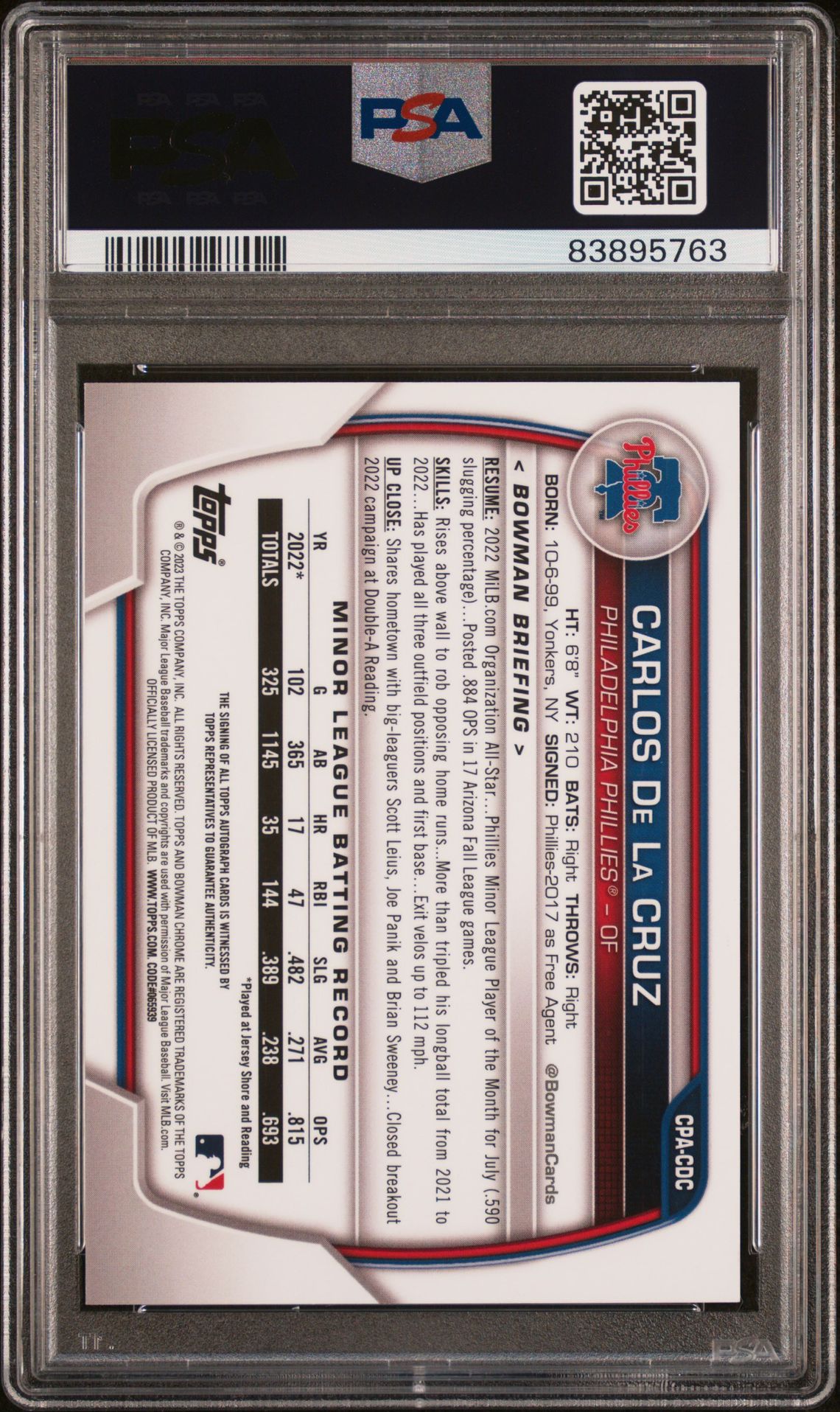 2023 Bowman Chrome Prospect Autographs Carlos De La Cruz #Cpacdc (Prospect Auto-Gold Mini Dmd) Gem Mt 10 back