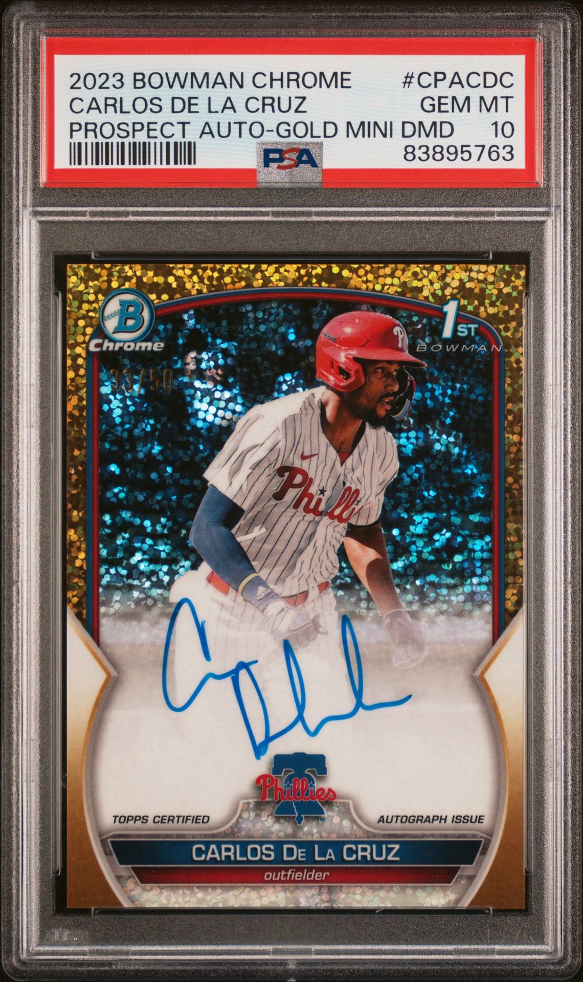 2023 Bowman Chrome Prospect Autographs Carlos De La Cruz #Cpacdc (Prospect Auto-Gold Mini Dmd) Gem Mt 10 front