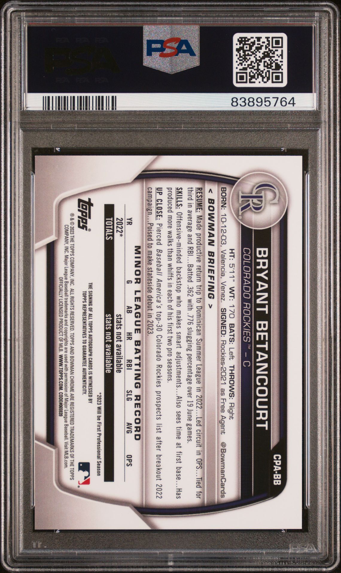 2023 BOWMAN CHROME PROSPECT AUTOGRAPHS BRYANT BETANCOURT PROSPECT AUTO-PURPLE REF CPABB GEM MT 10 back