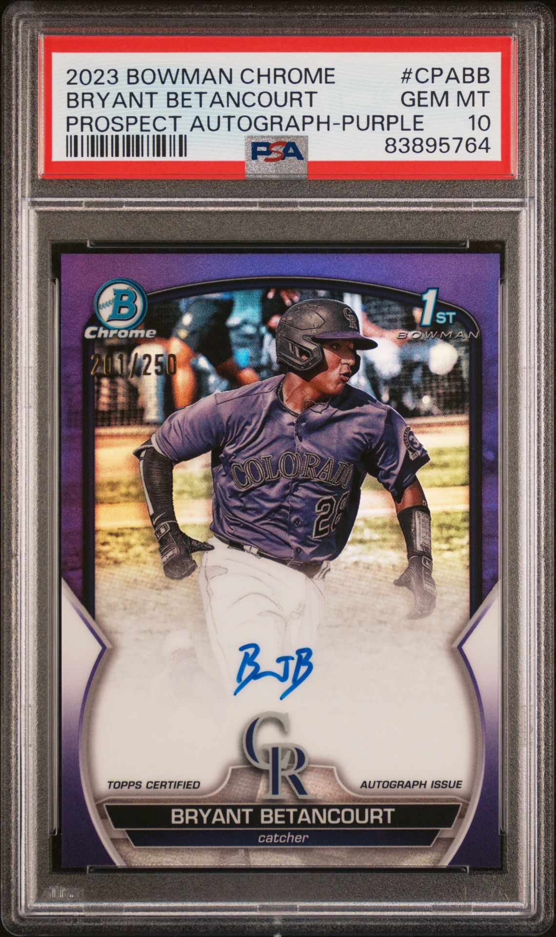 2023 BOWMAN CHROME PROSPECT AUTOGRAPHS BRYANT BETANCOURT PROSPECT AUTO-PURPLE REF CPABB GEM MT 10 front