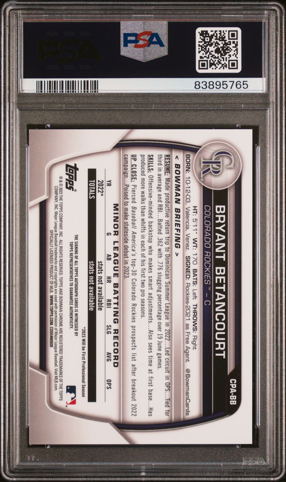 2023 Bowman Chrome Prospect Autographs Bryant Betancourt #Cpabb (Prospect Auto-Gold Mini Dmd) Gem Mt 10 back view - PSA certificate #83895765