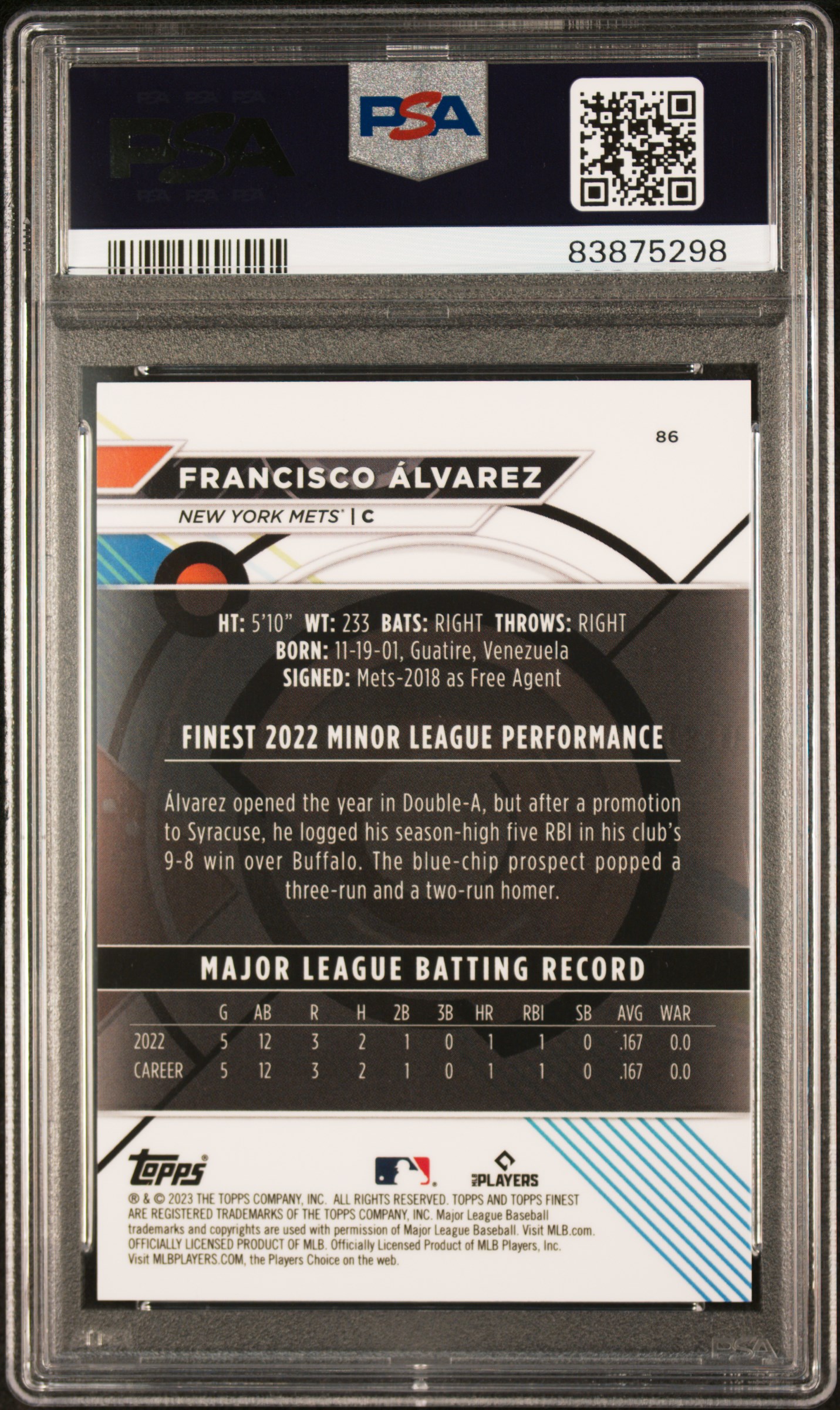 2023 Topps Finest Francisco Alvarez #86 (Green Speckle) Gem Mt 10 back
