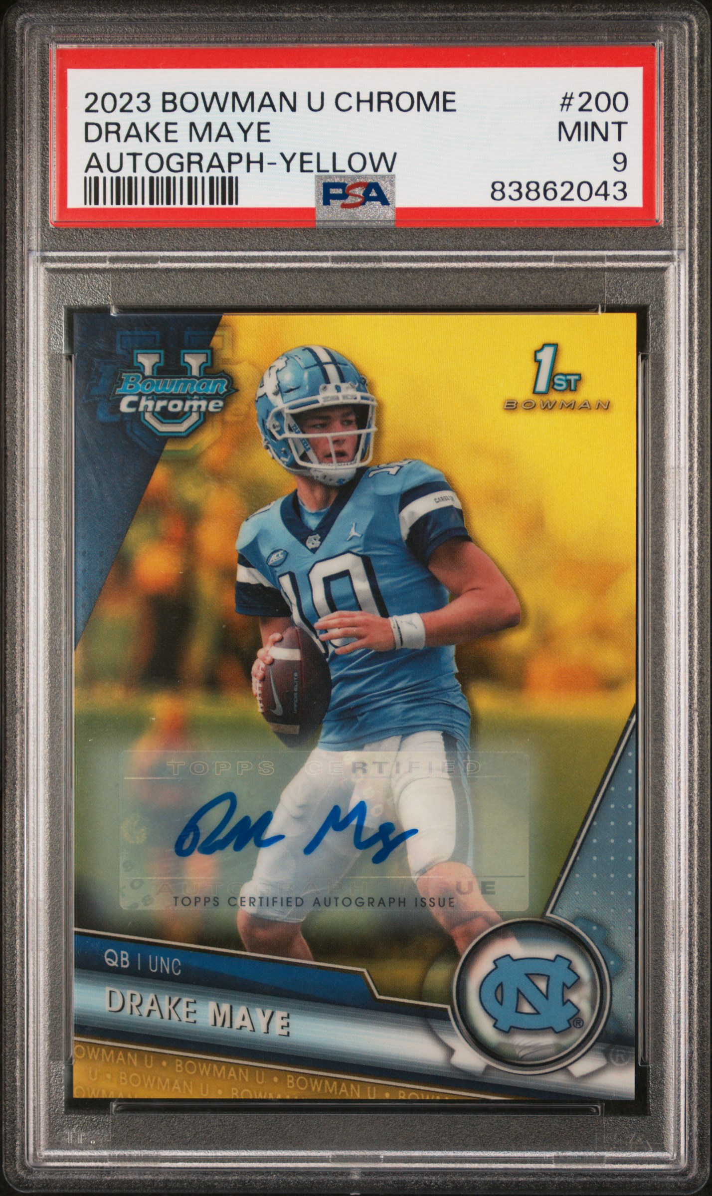 2023 Bowman University Chrome Autograph-Yellow #200 Drake Maye Signed Rookie Card (#38/75) – PSA MINT 9