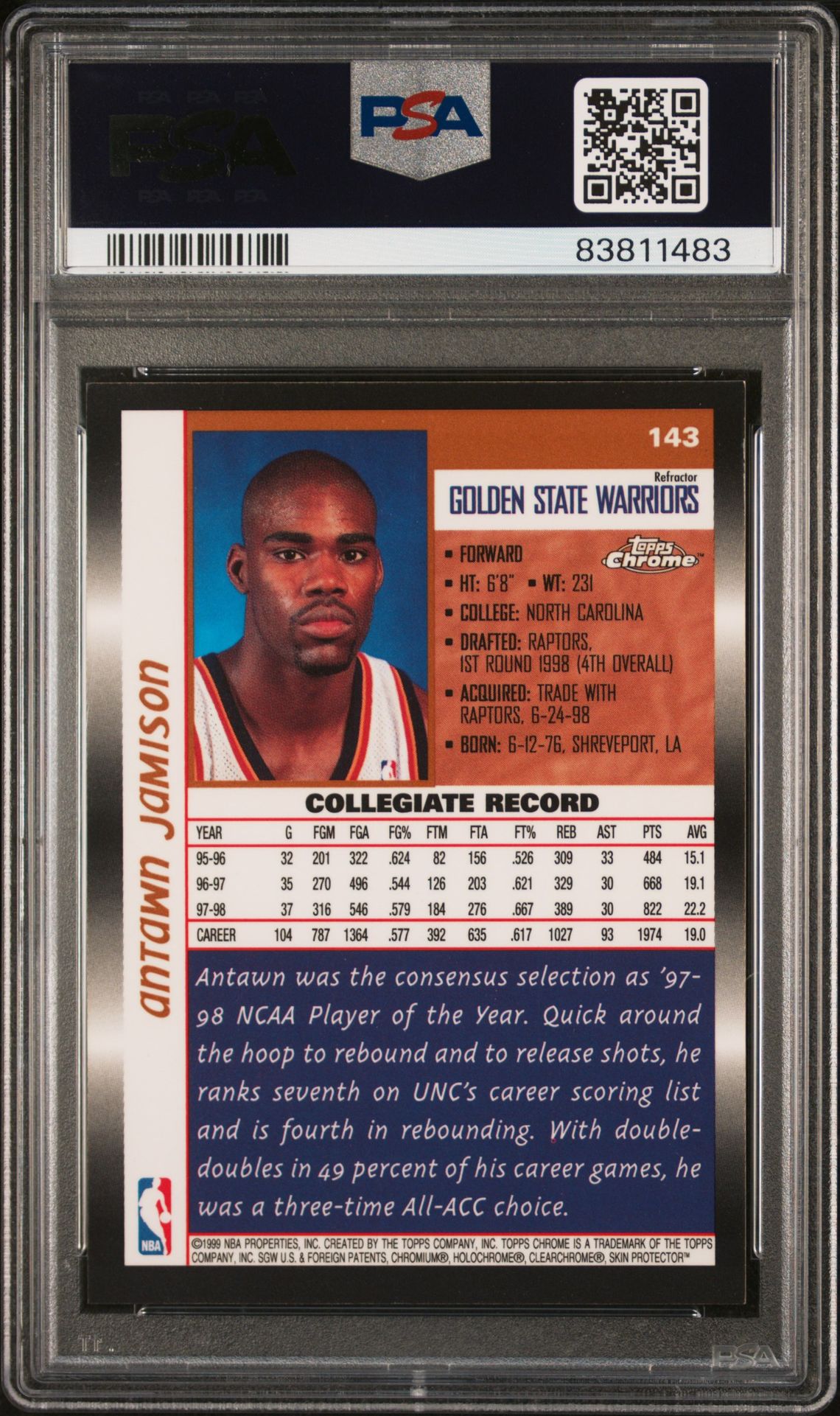 1998 Topps Chrome Antawn Jamison #143 (Refractor) Nm-Mt 8 back