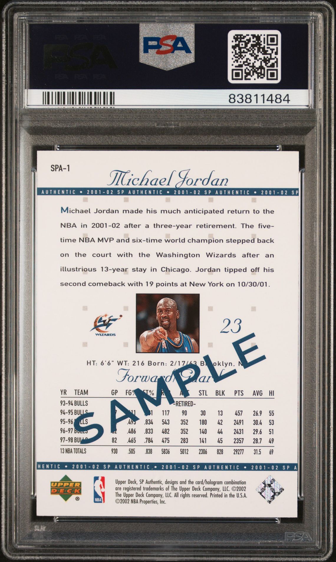 2001 Sp Authentic Sample Michael Jordan #Spa-1 (Sample) Gem Mt 10 back