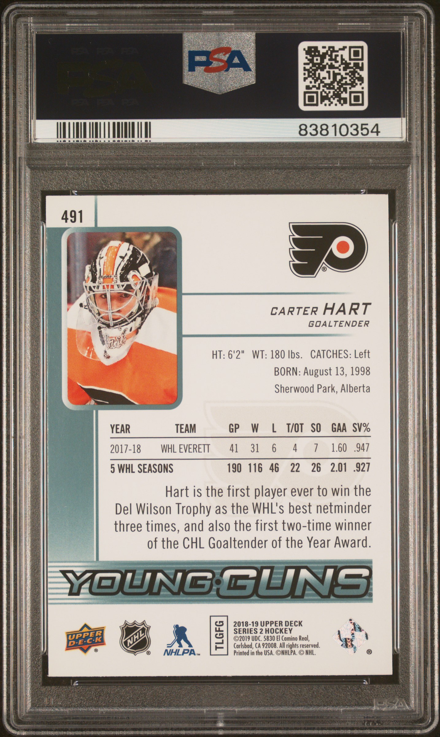 2018 Upper Deck Carter Hart #491 Gem Mt 10 back