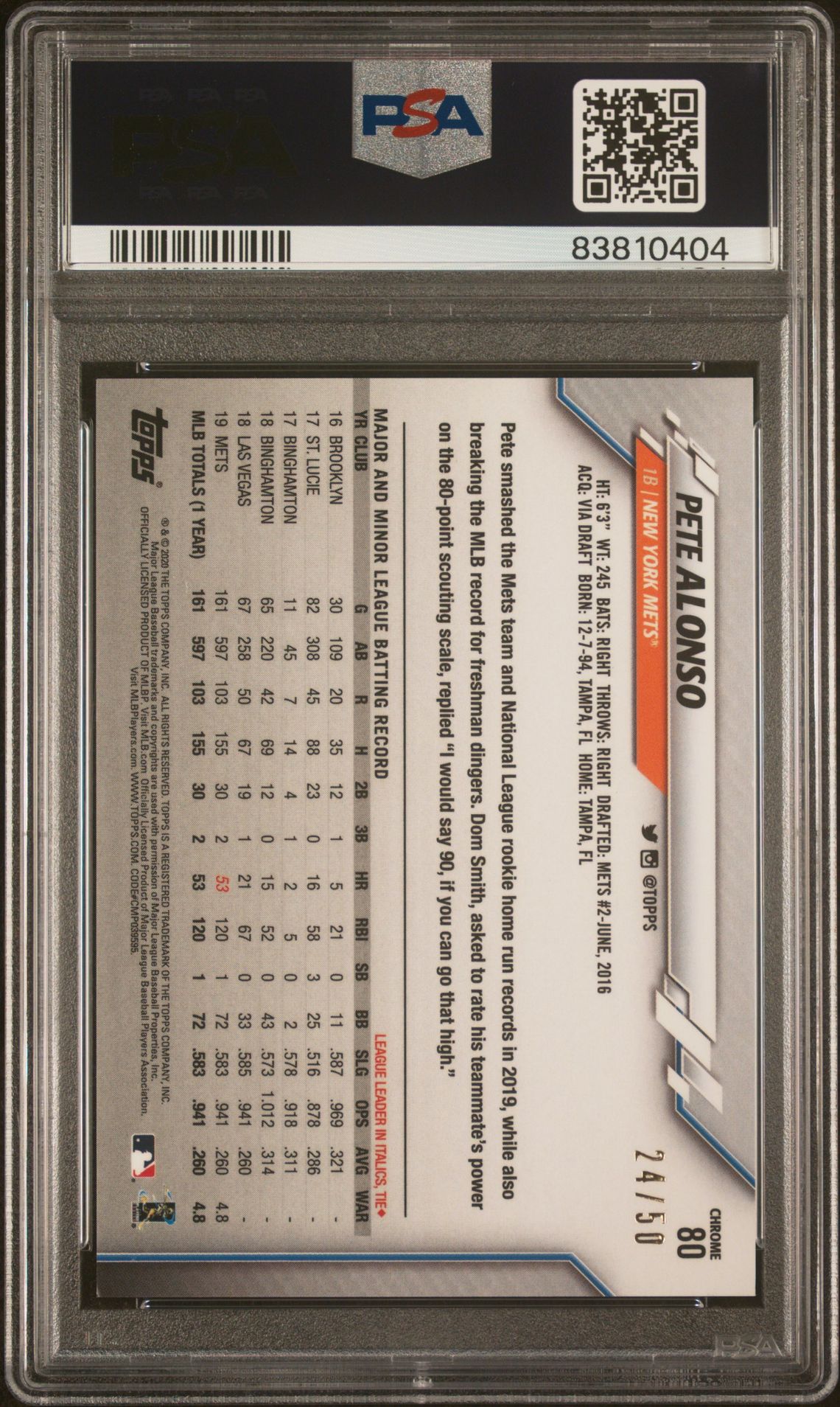 2020 Topps Chrome Pete Alonso #80 (Gold Refractor) Gem Mt 10 back