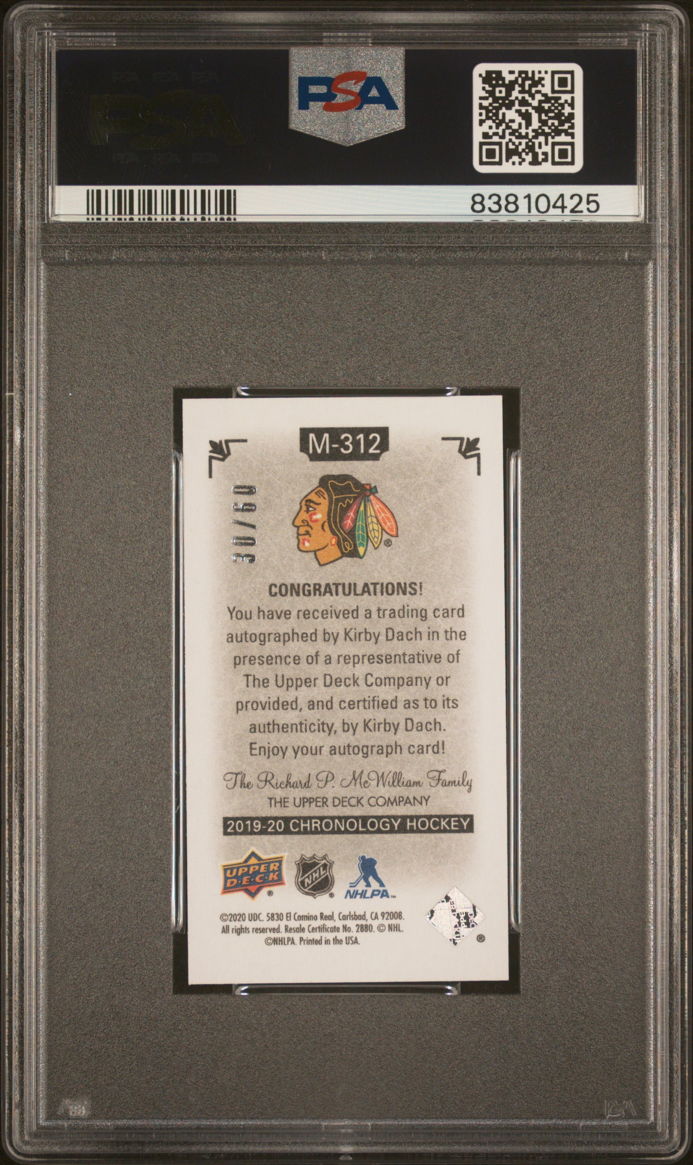 2019 Upper Deck Chronology Time Capsules Canvas Mini Kirby Dach #M312 (Tm.caps. Canvas Mini-Auto.) Gem Mt 10 back