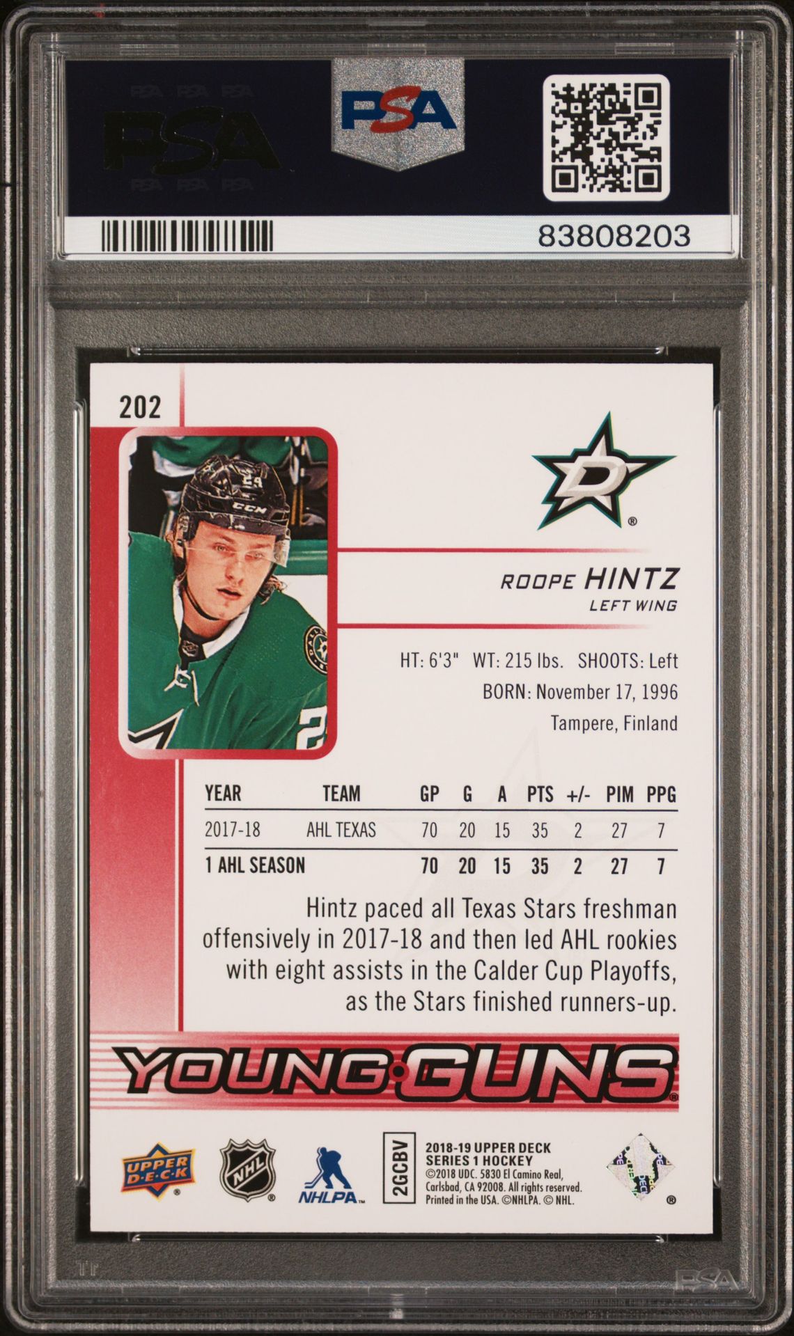 2018 Upper Deck Roope Hintz #202 (Exclusives) Gem Mt 10 back