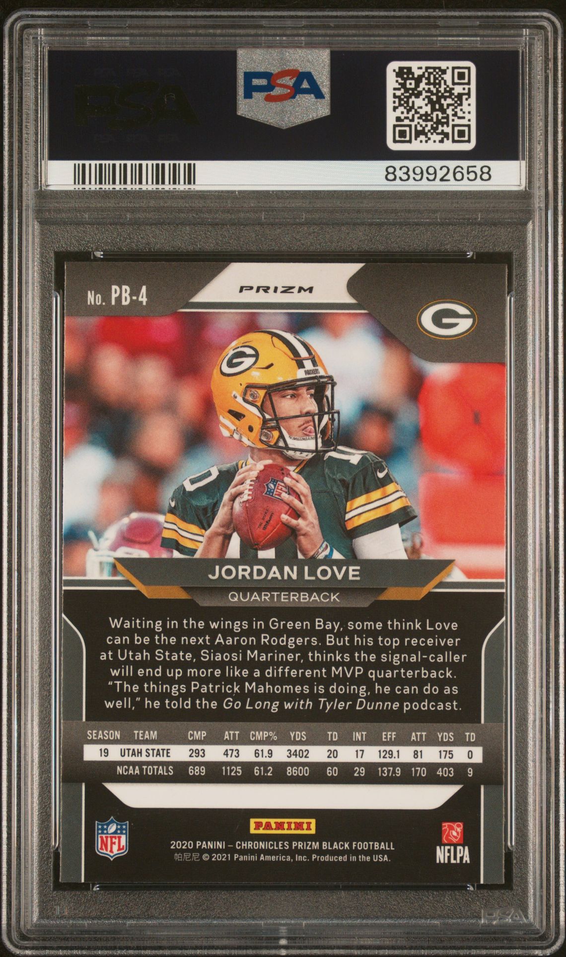 2020 Panini Chronicles Prizm Black Jordan Love #Pb4 (Prizm Black-Silver) Gem Mt 10 back