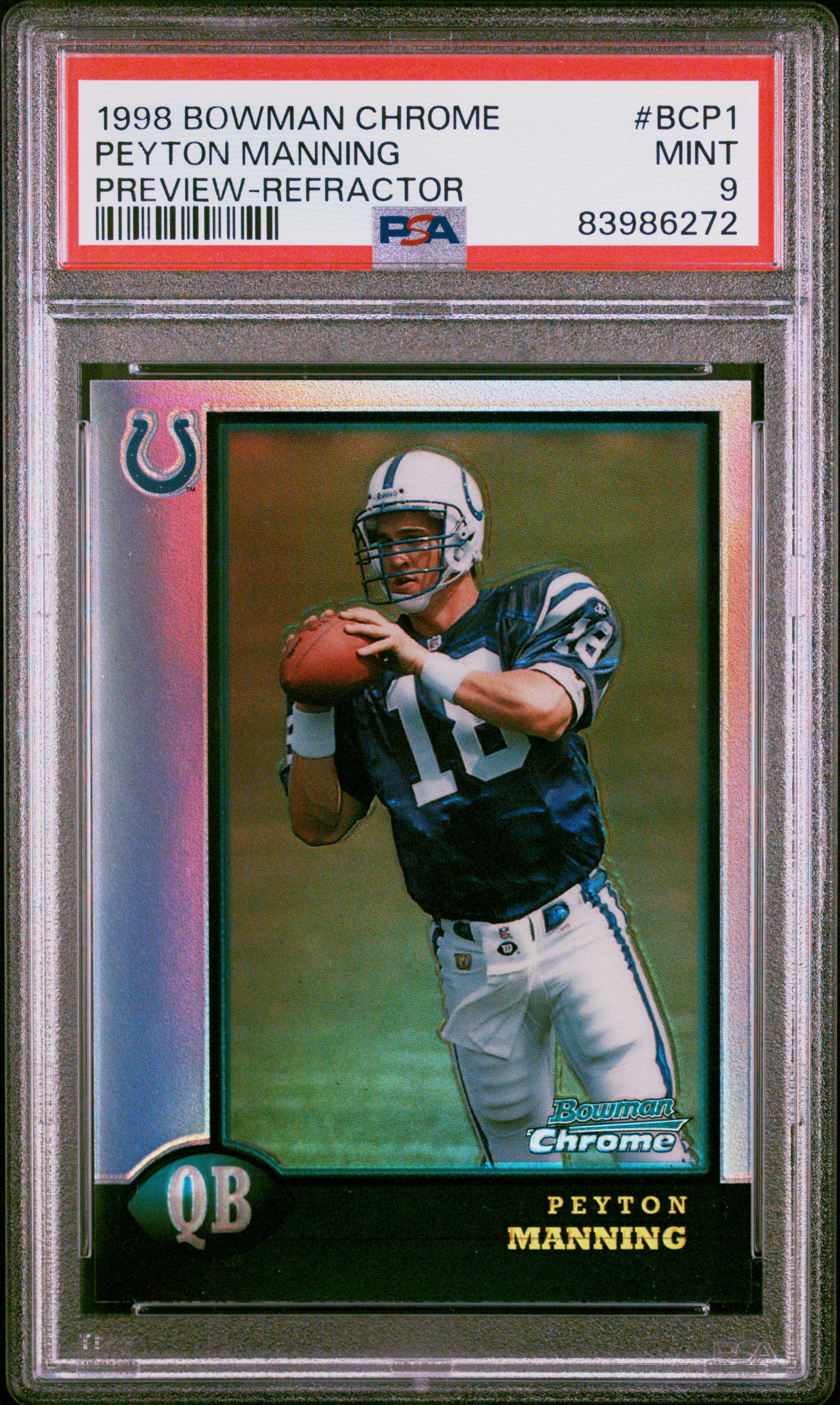 1998 Bowman Chrome Preview Refractor #BCP1 Peyton Manning Rookie Card – PSA MINT 9