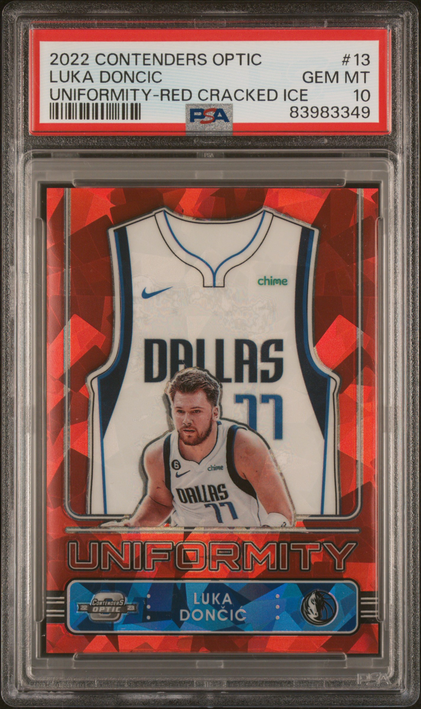 2022 Panini Contenders Optic Uniformity Red Cracked Ice #13 Luka Doncic – PSA GEM MT 10