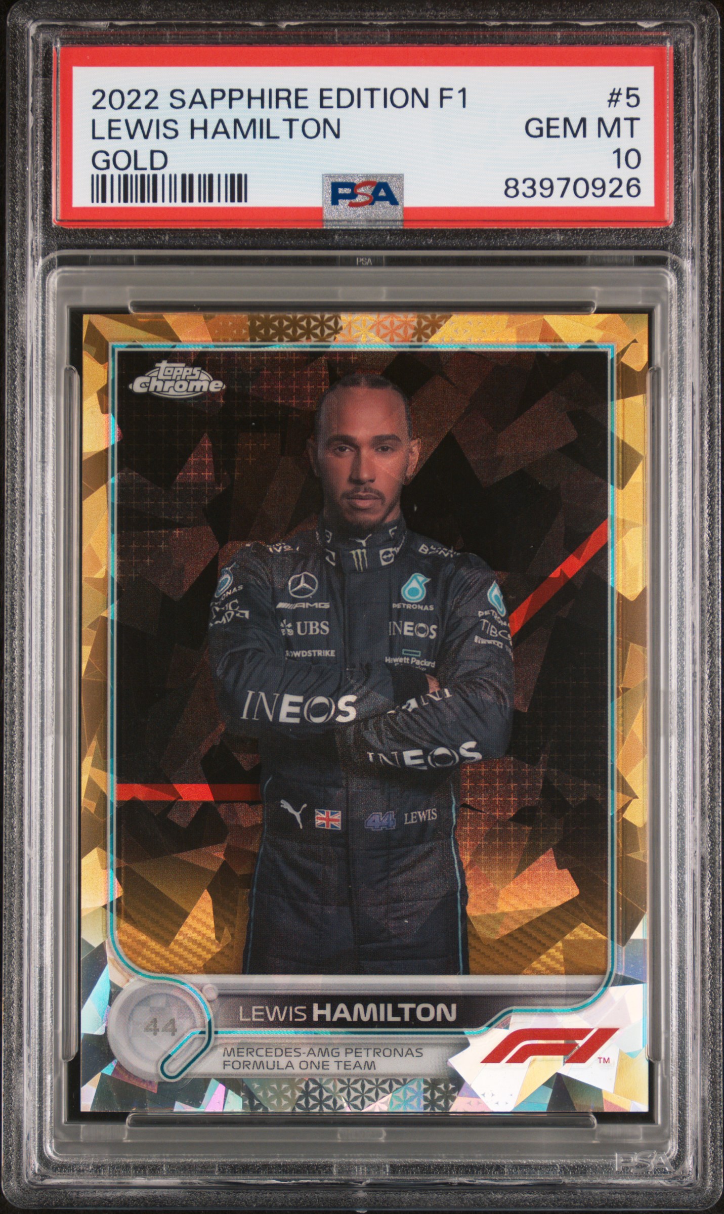 2022 Topps Chrome Formula 1 Sapphire Edition Gold #5 Lewis Hamilton (#18/50) – PSA GEM MT 10