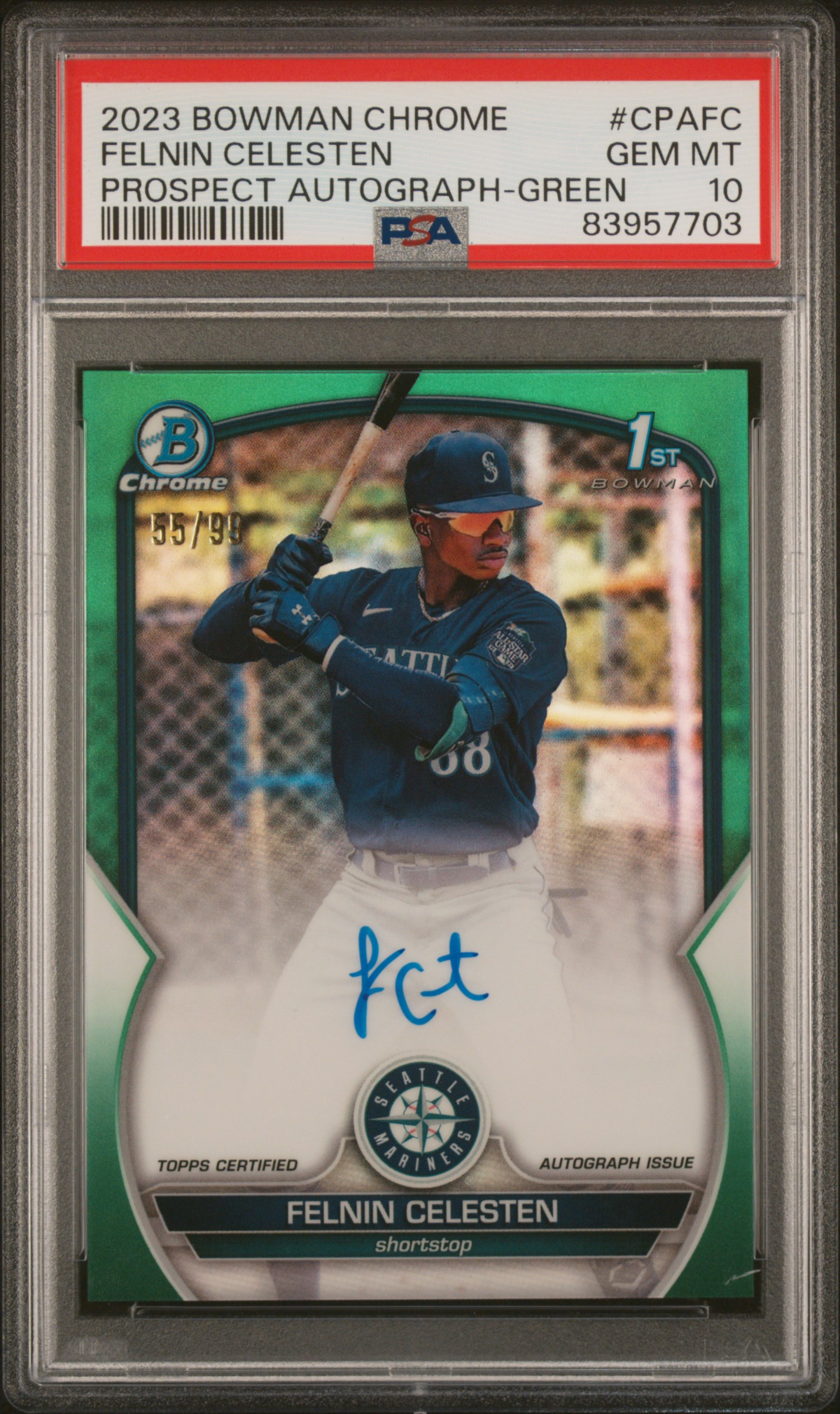 2023 Bowman Chrome Prospect Autographs Felnin Celesten #Cpafc (Prospect Auto-Green Ref) Gem Mt 10 front