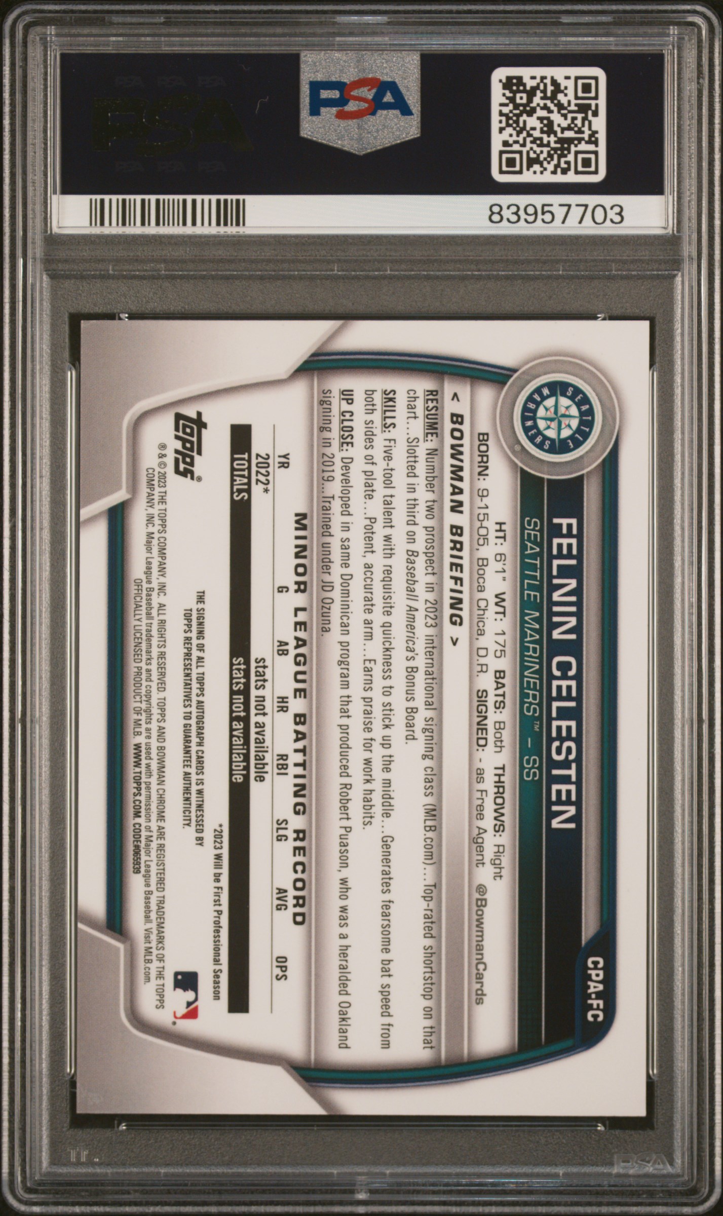 2023 Bowman Chrome Prospect Autographs Felnin Celesten #Cpafc (Prospect Auto-Green Ref) Gem Mt 10 back