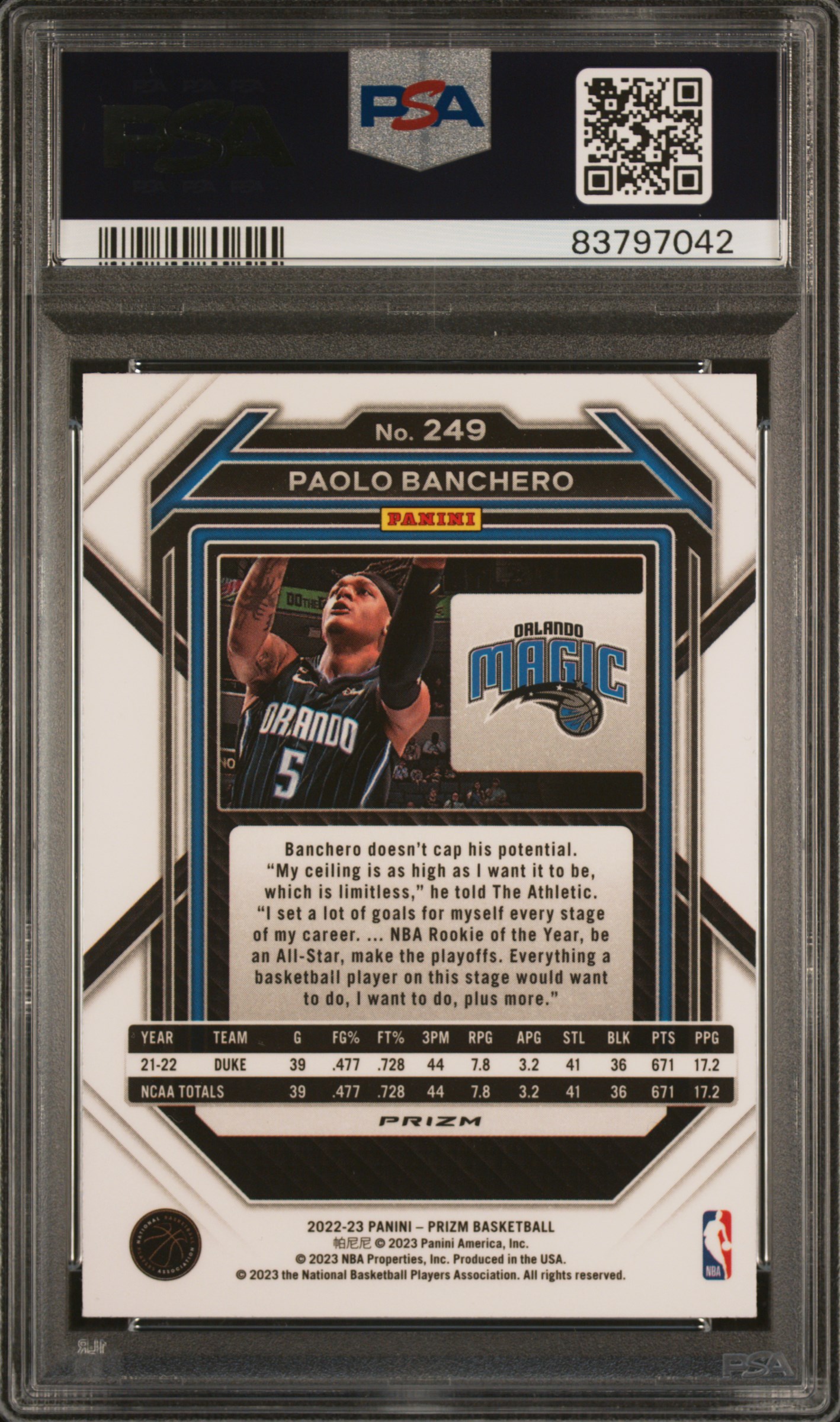 2022 Panini Prizm Paolo Banchero #249 (Silver Prizm) Mint 9 back