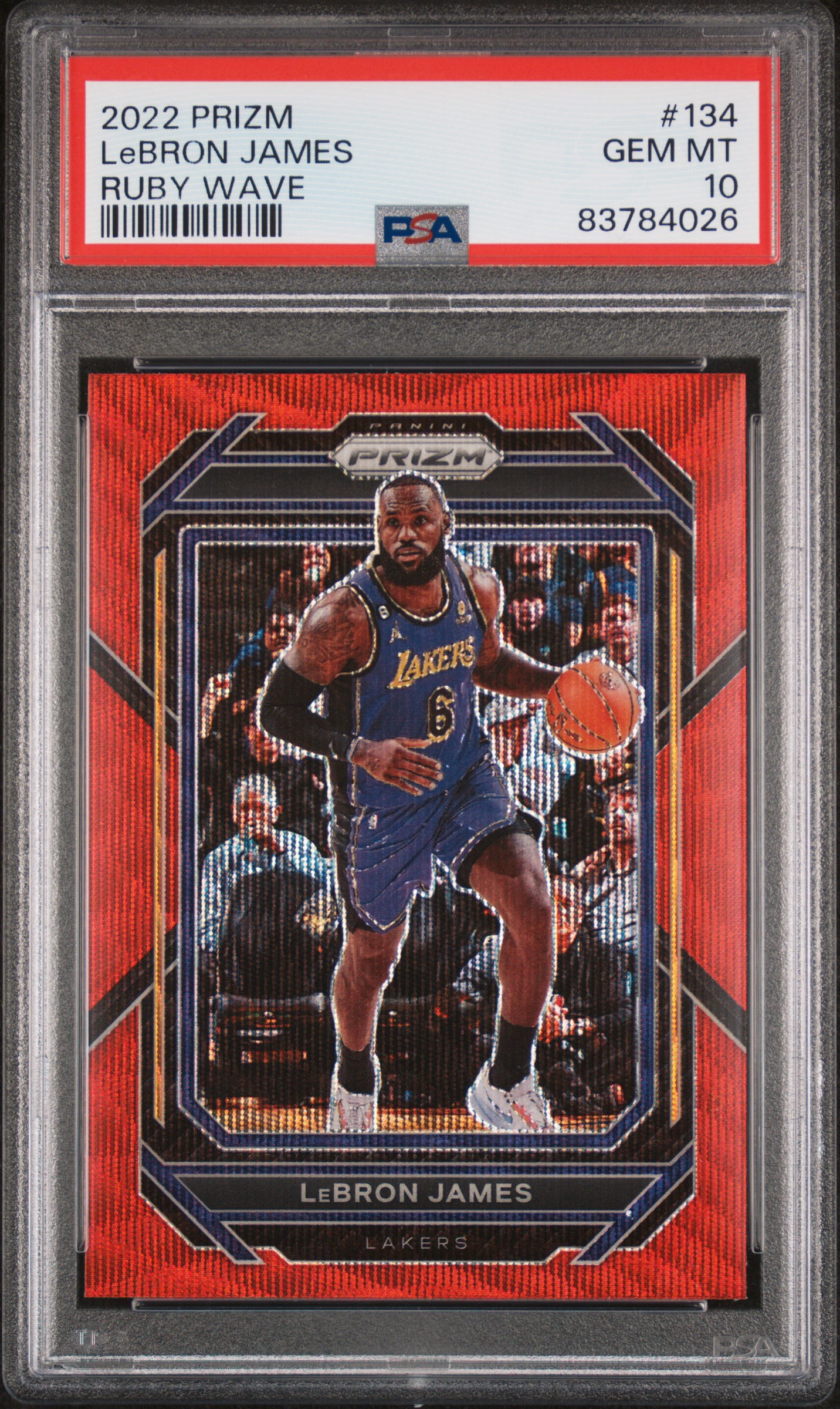 2022-23 Panini Prizm Ruby Wave 134 LeBron James – PSA GEM MT 10