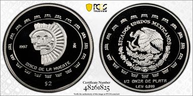 1997-Mo 2 Peso Disco de la Muerte KM-618  Ag PR69DCAM