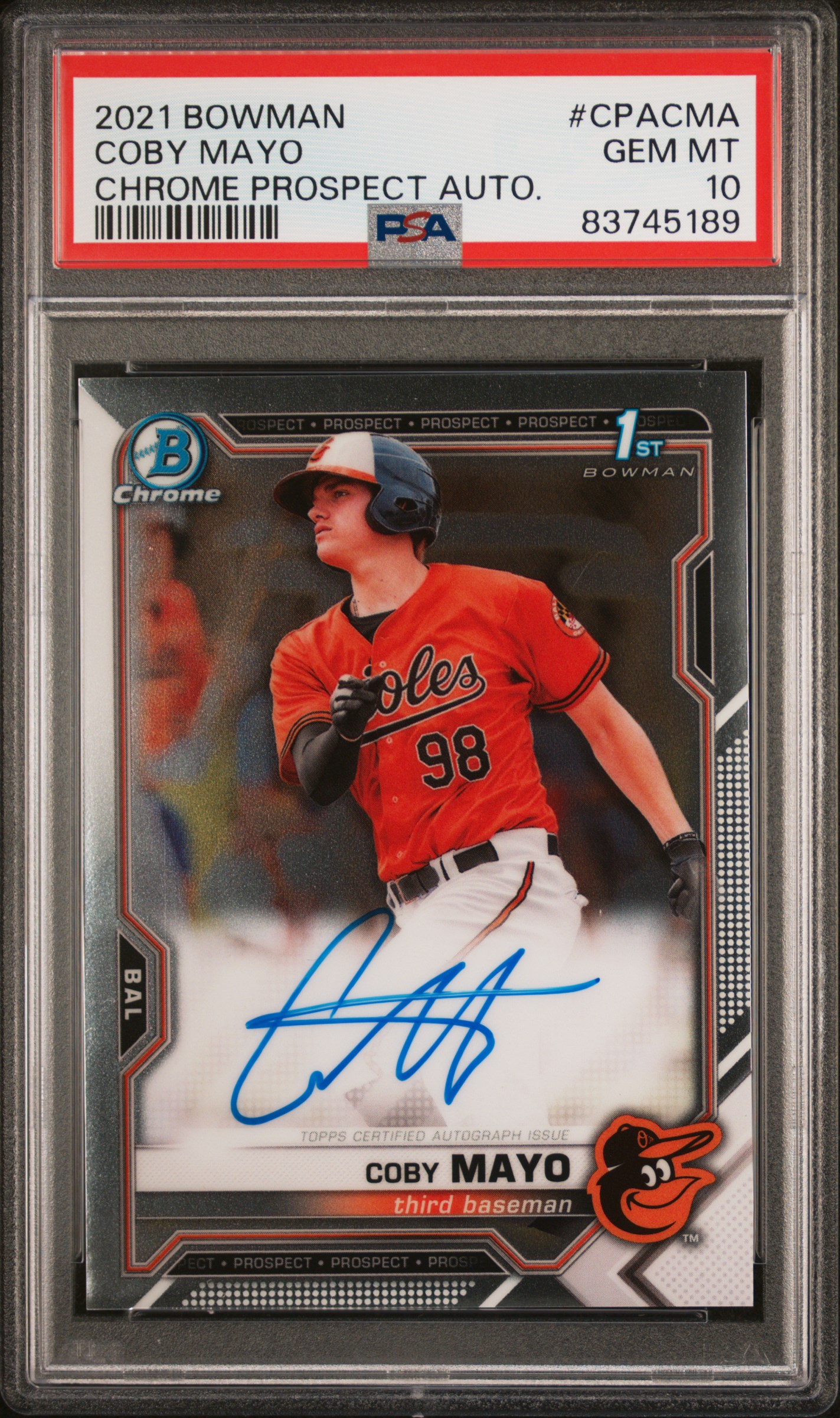 2021 #CPACMA Coby Mayo PSA 10 Bowman Chrome Prospect Autographs
