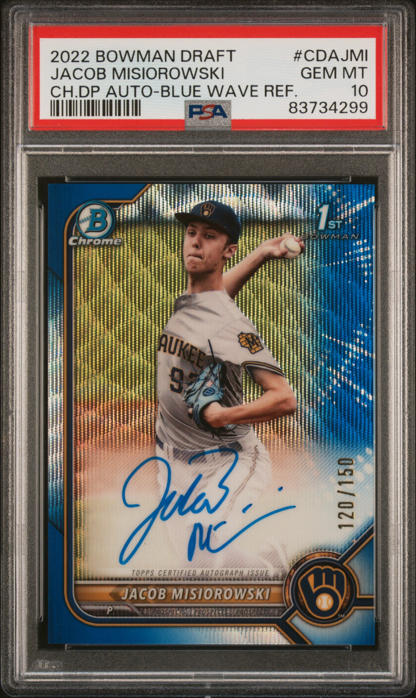2022 BOWMAN DRAFT CHROME DRAFT PICK AUTOGRAPHS #CDAJMI JACOB MISIOROWSKI CH.DP AUTO-BLUE WAVE REF.