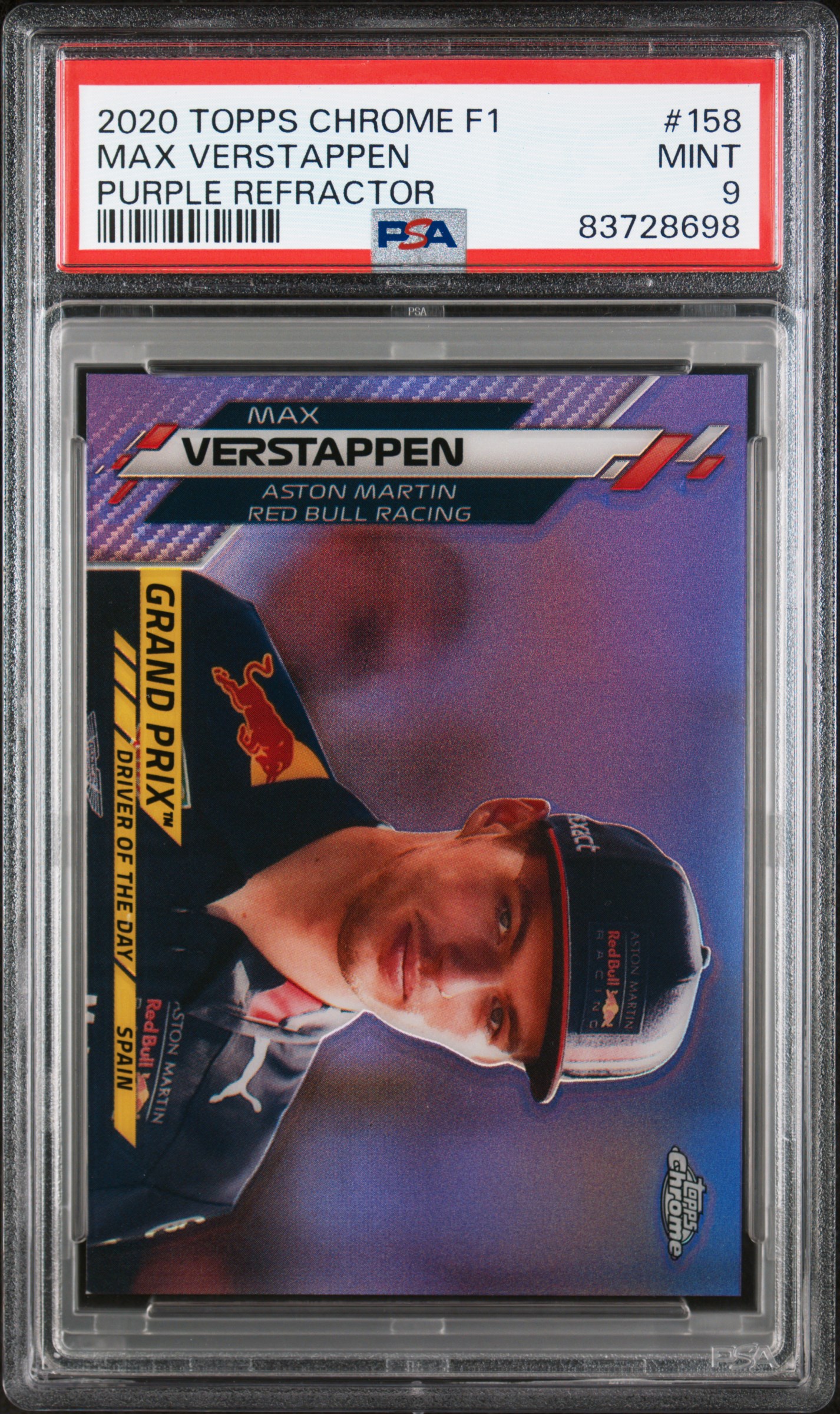 2020 Topps Chrome Formula 1 Purple Refractor #158 Max Verstappen Rookie Card (#316/399) – PSA MINT 9