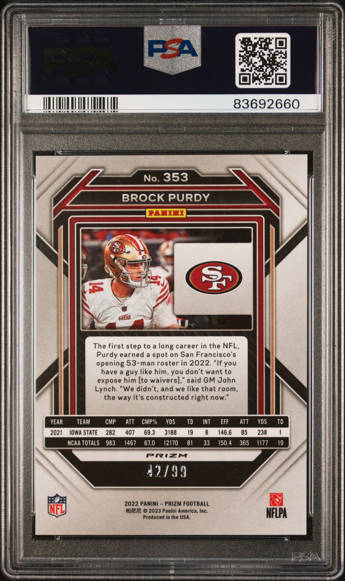 2022 Panini Prizm Brock Purdy #353 (Blue Ice) Mint 9 back