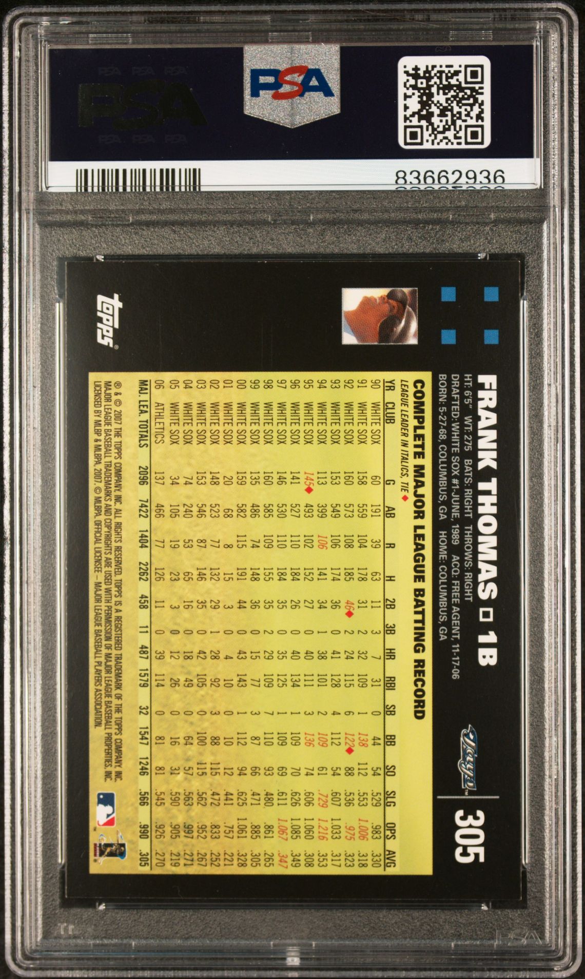 2007 Topps Frank Thomas #305 Nm-Mt 8 back