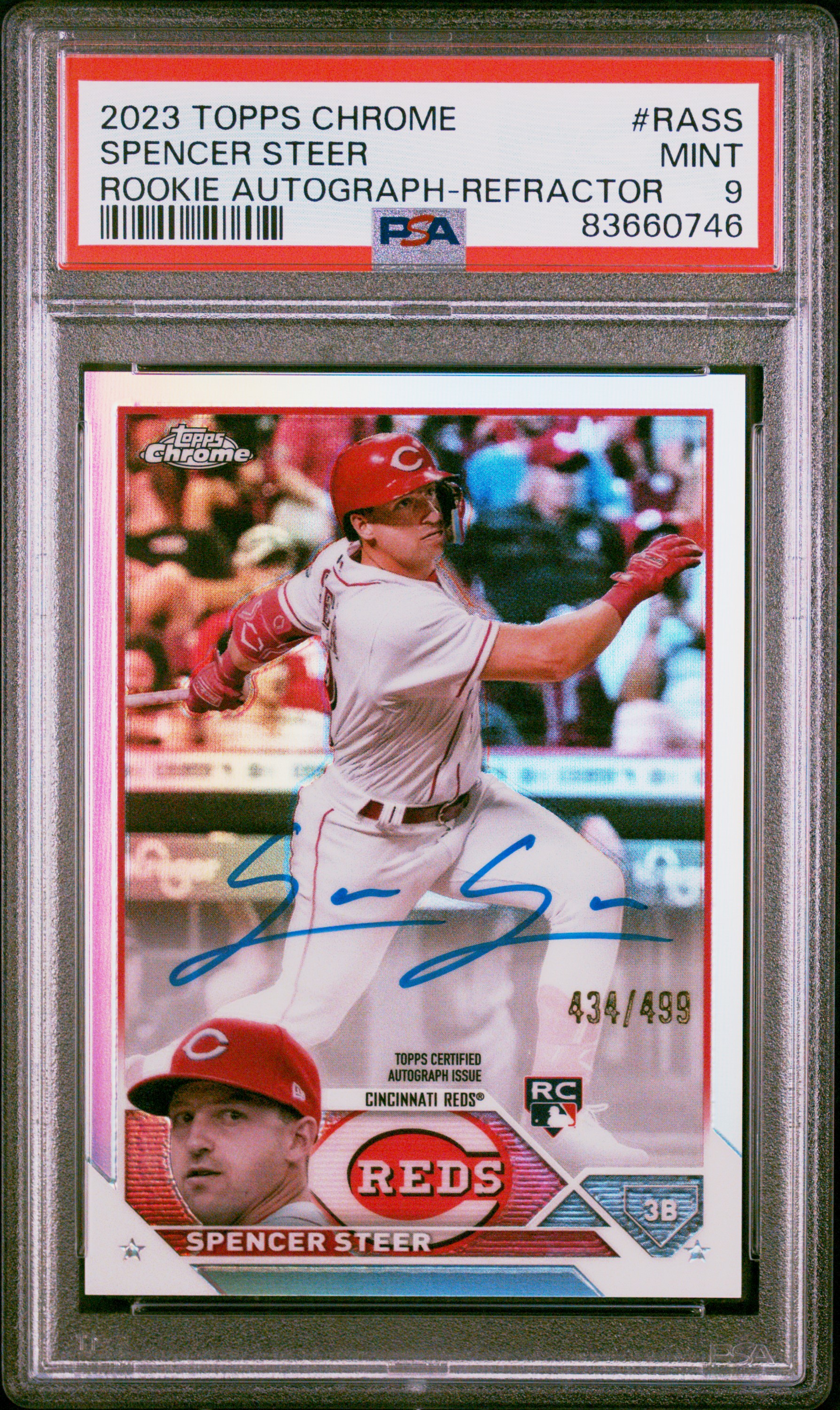 2023 Topps Chrome Rookie Autograph Refractor #RA-SS Spencer Steer Signed Rookie Card (#434/499) – PSA MINT 9