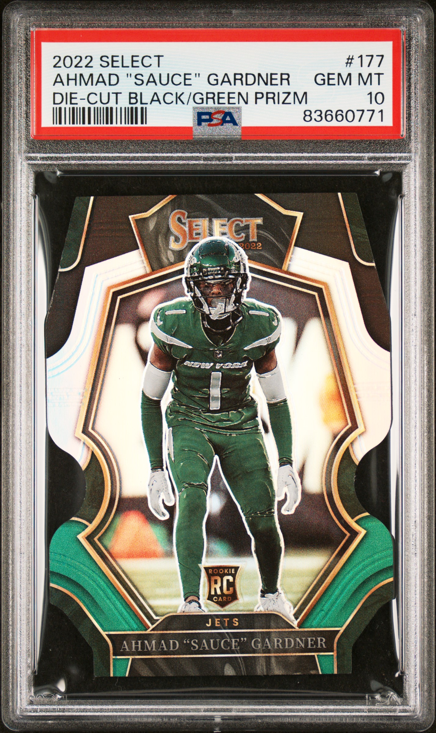 2022 Panini Select Die-Cut Black/Green Prizm #177 Ahmad "Sauce" Gardner – PSA GEM MT 10