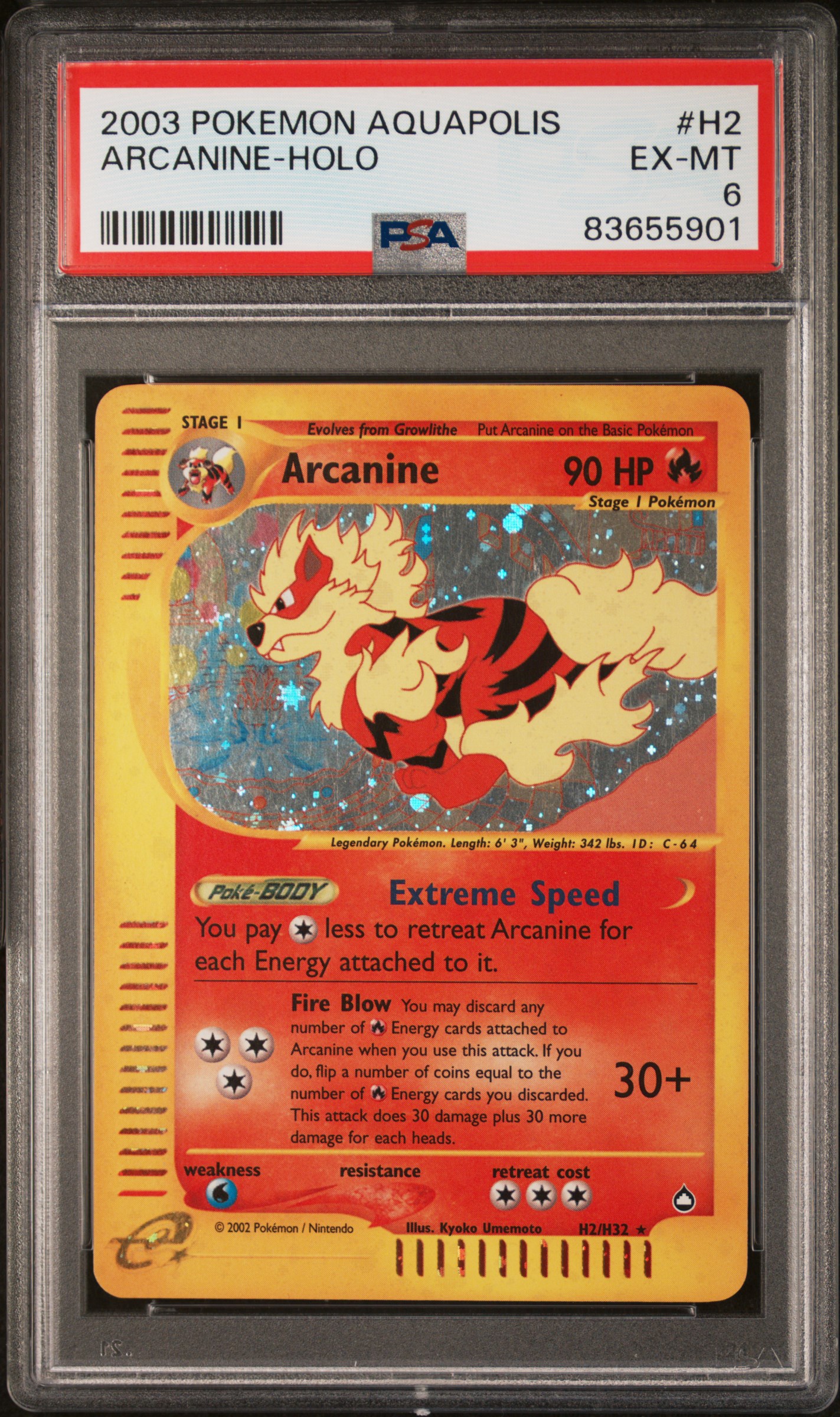 2003 Pokemon Aquapolis Rare Holofoil #H2 Arcanine - PSA EX-MT 6