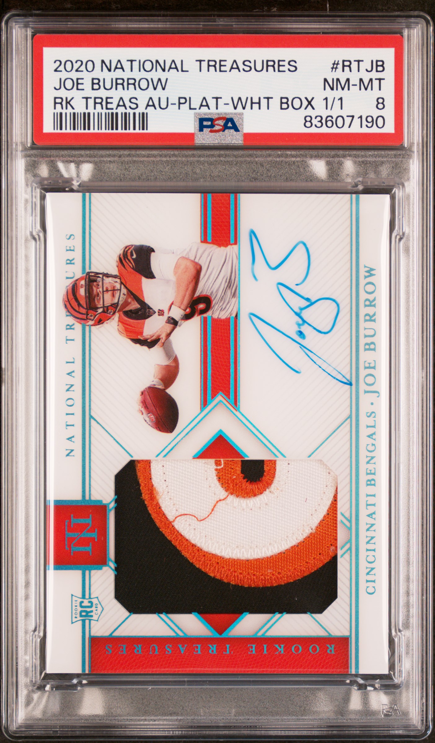 2020 Panini National Treasures Rookie Treasures Autographs Joe Burrow #Rtjb (Rk Treas Au-Plat-Wht Box 1/1) Nm-Mt 8 front