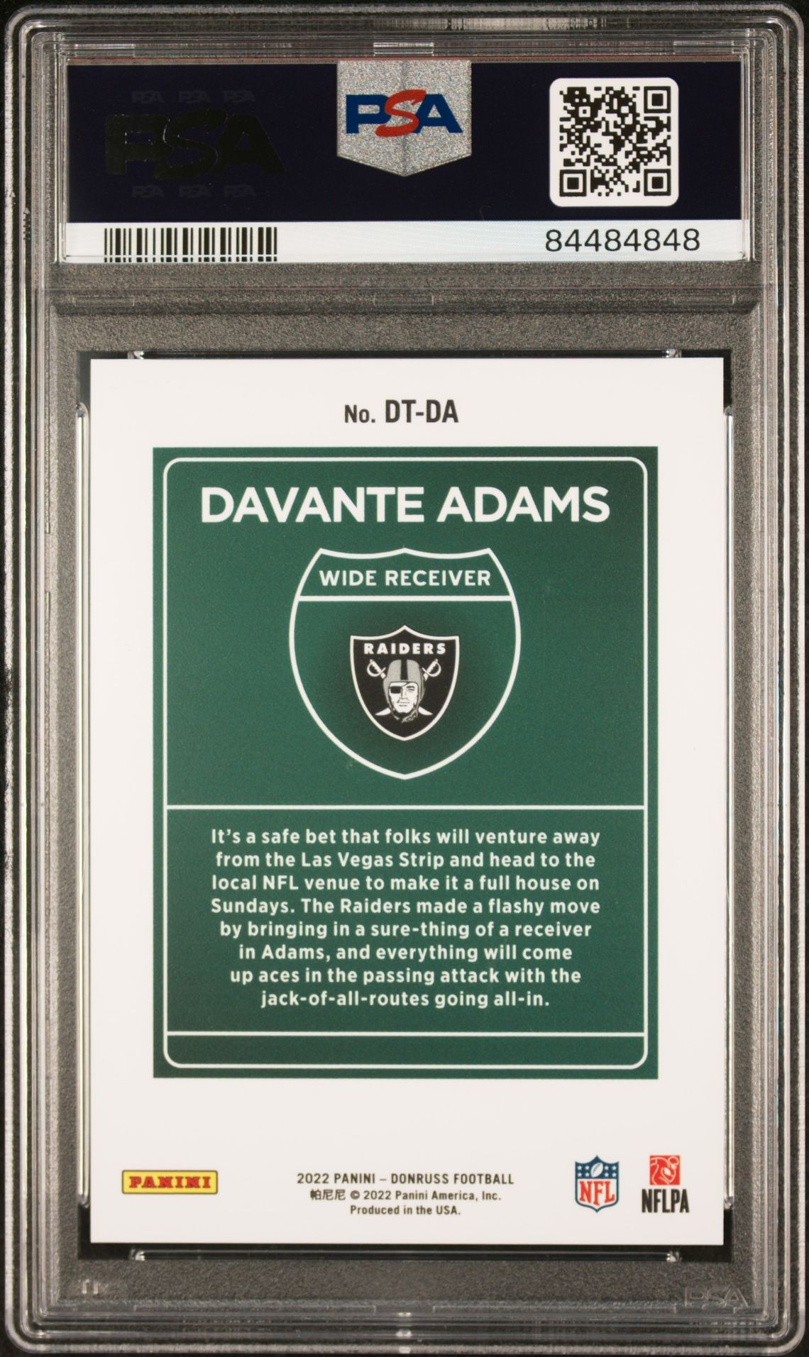 2022 Panini Donruss Downtown Davante Adams #Dtda (Downtown!) Mint 9 back