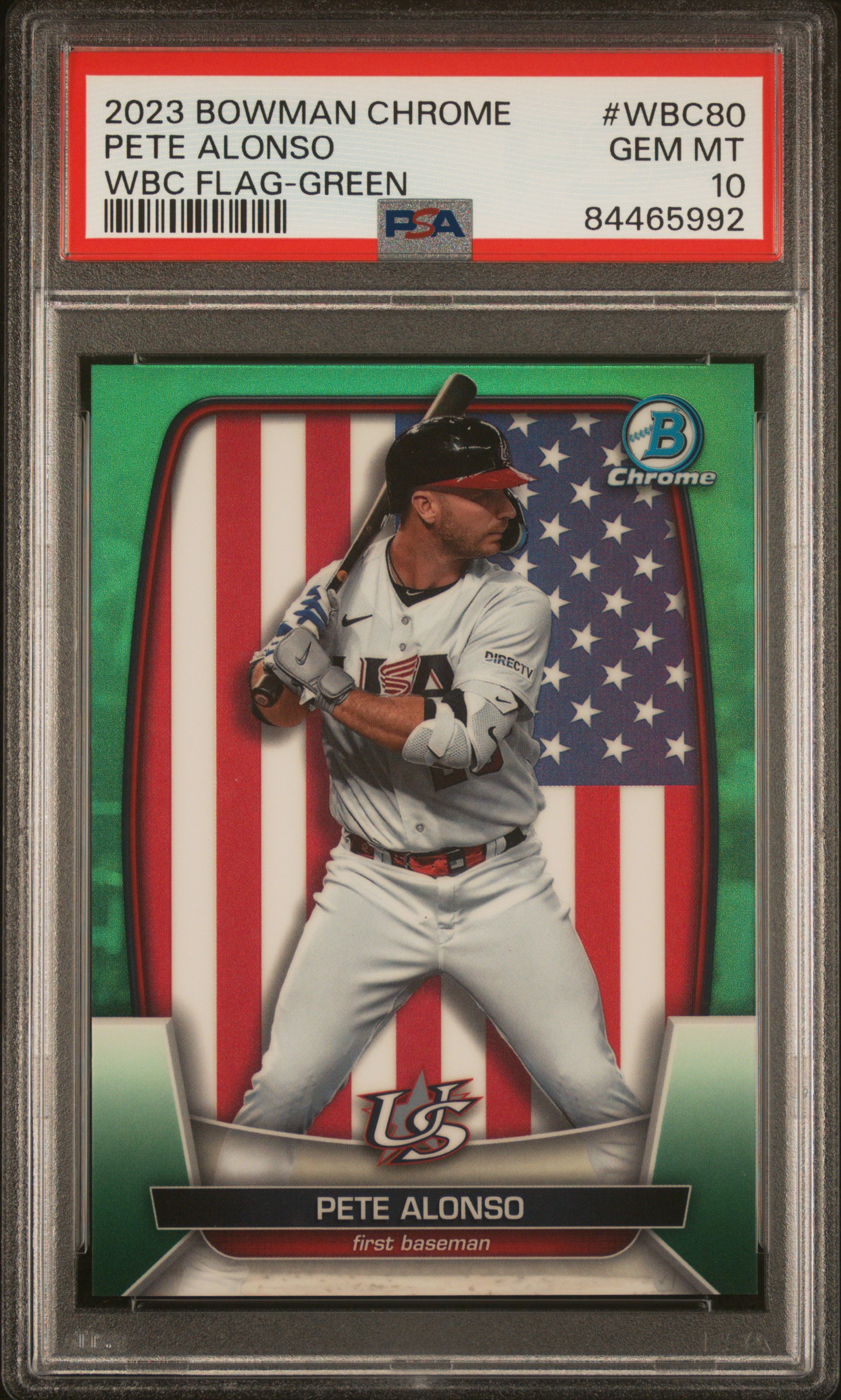 2023 Bowman Chrome World Baseball Classic Flag Green #WBC80 Pete Alonso (#21/99) – PSA GEM MT 10