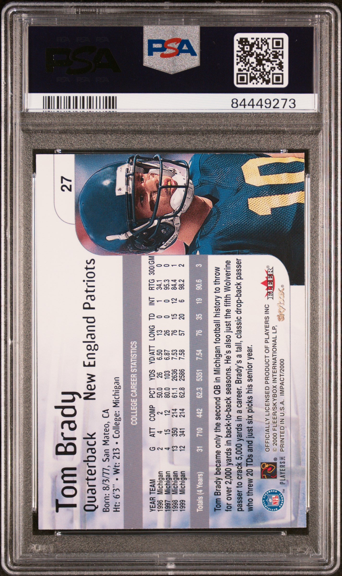 2000 Skybox Impact Tom Brady #27 Nm-Mt 8 back