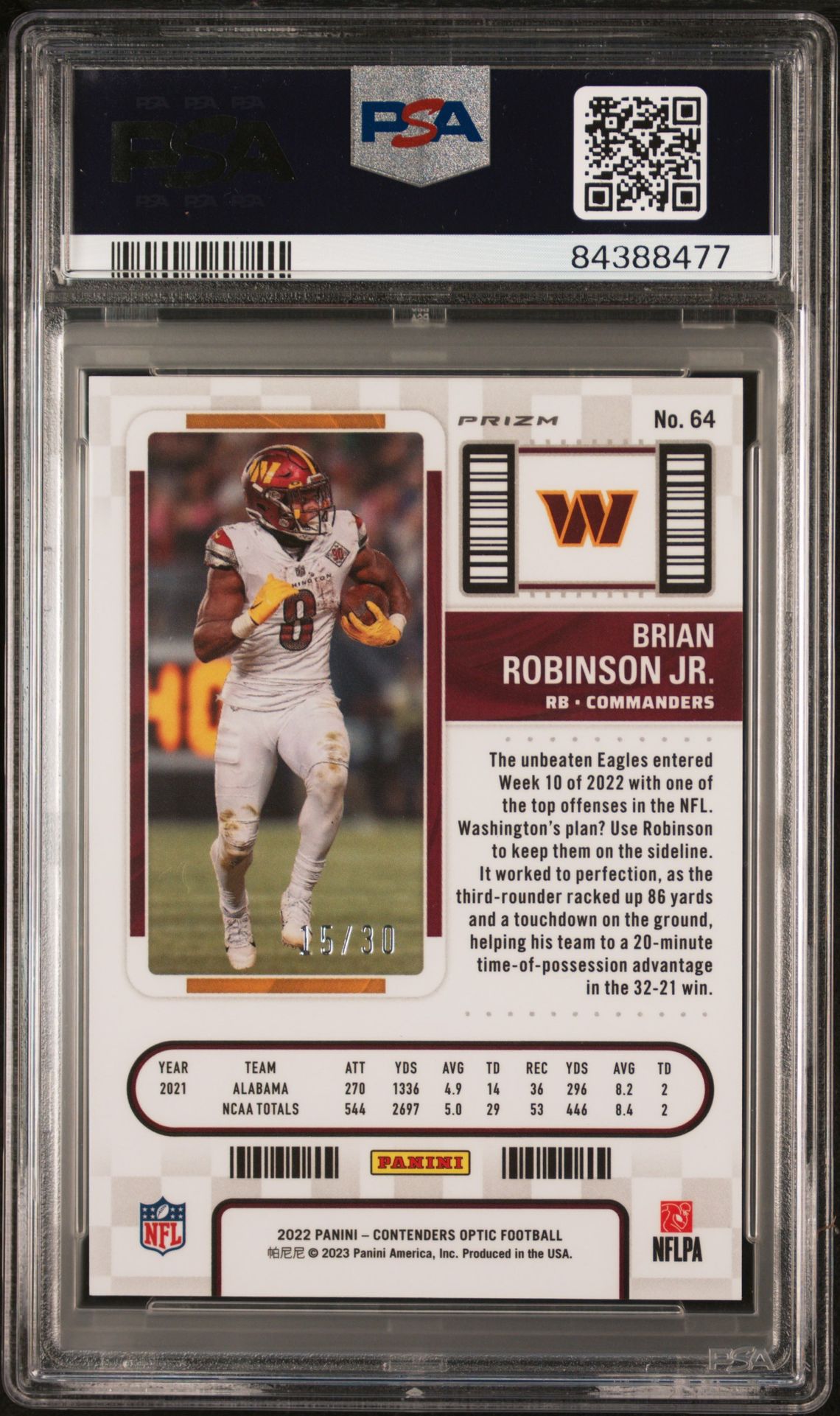 2022 Panini Contenders Optic Brian Robinson Jr. #64 (Green Pulsar) Mint 9 back