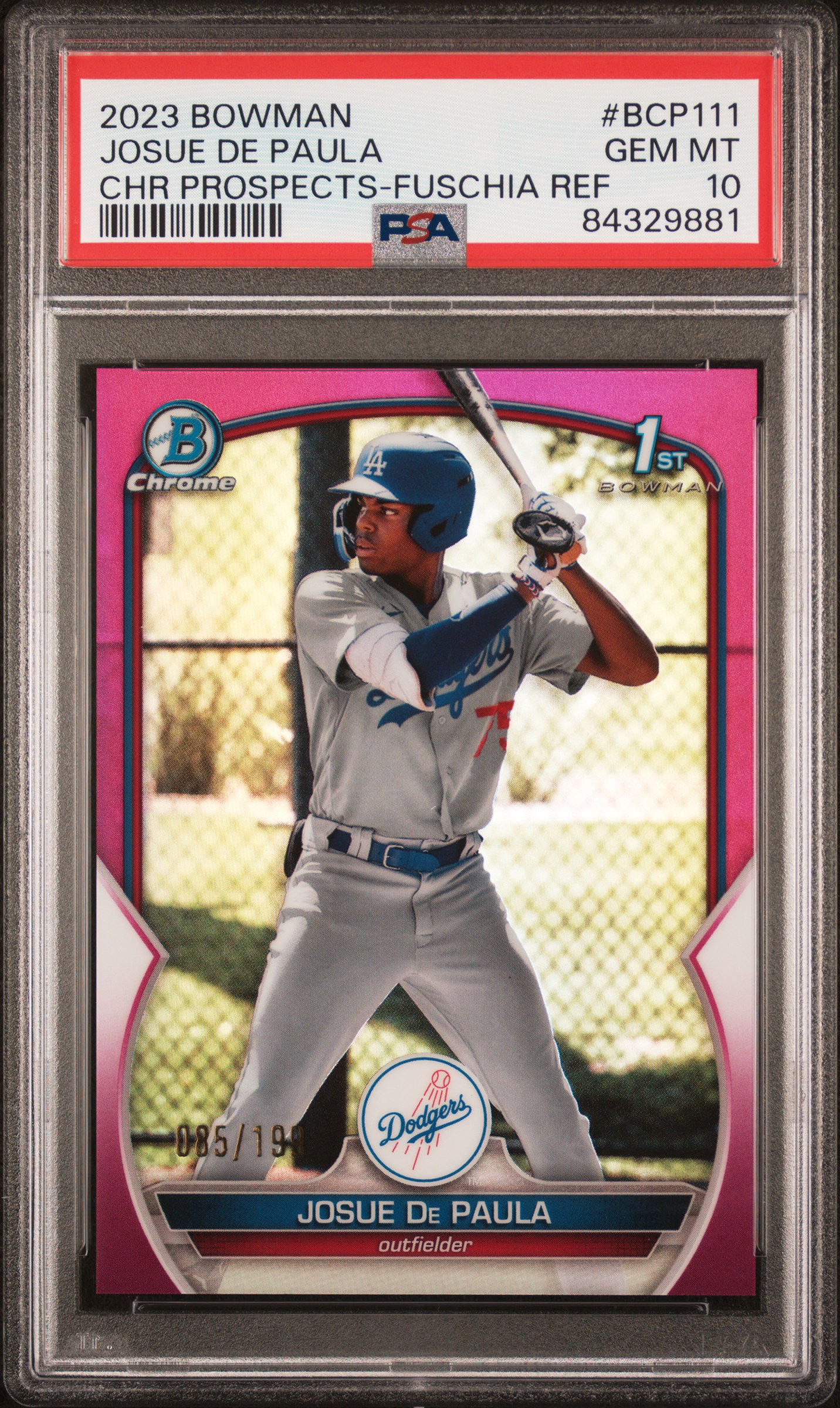 2023 Bowman Chrome Prospects Fuchsia Refractor #BCP111 Josue De Paula Rookie Card (#085/199) – PSA GEM MT 10